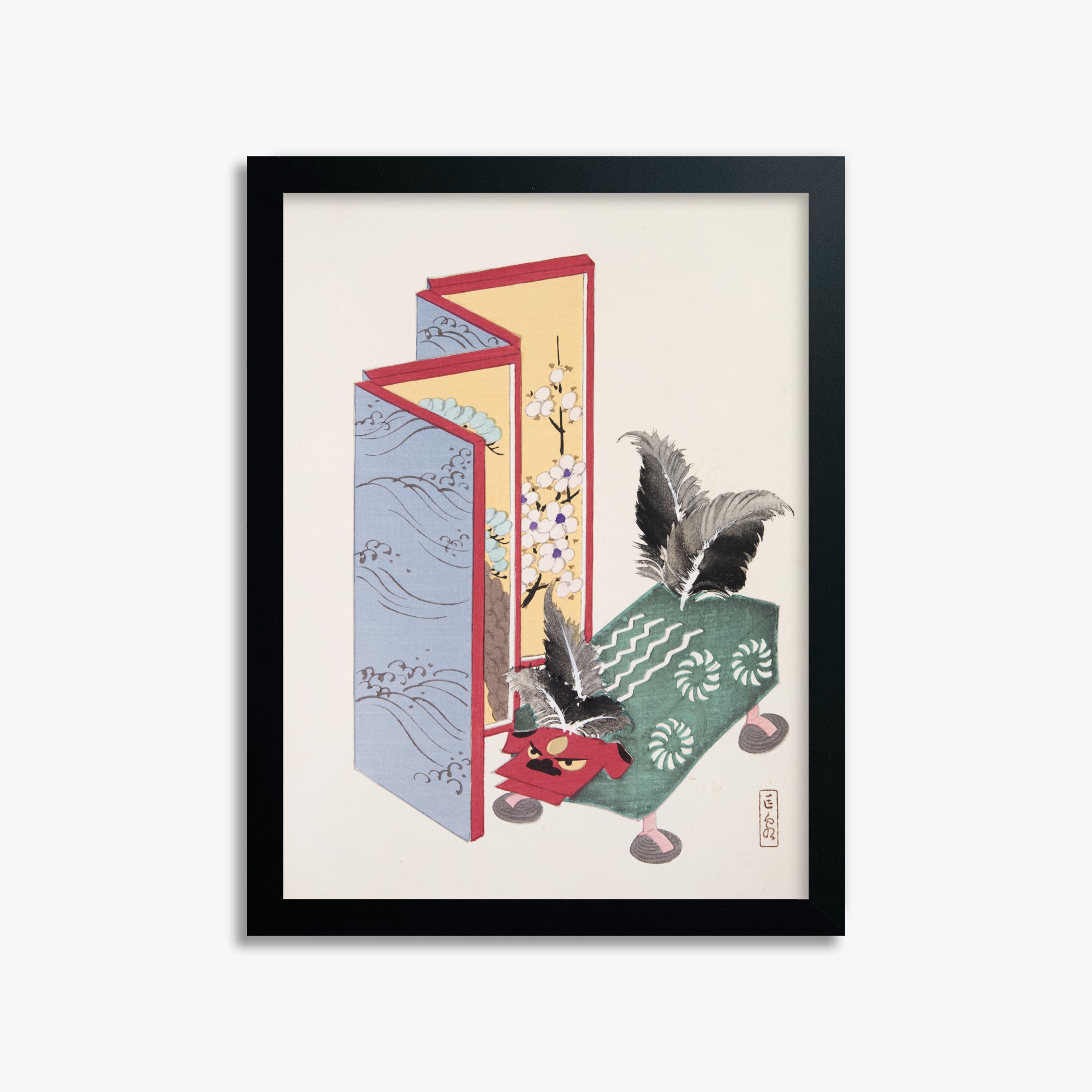 Kawasaki Kyosen: Kyosen’s Collected Illustrations of Japanese Toys Nr. 89 ("Serene Sanctuary"), 30x40cm Framed Art Reproduction With Black Frame