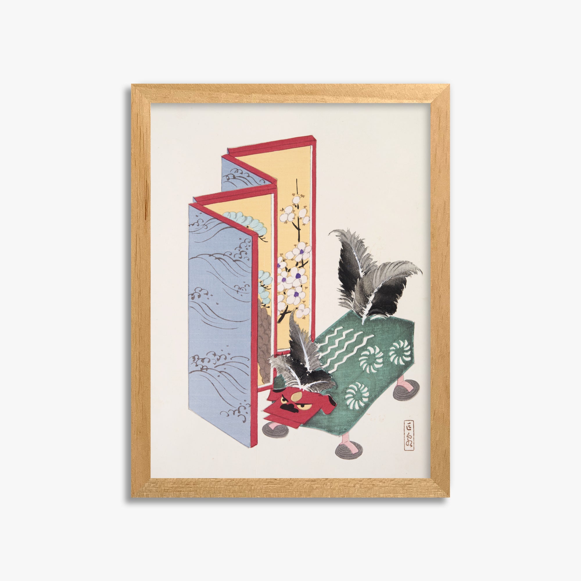 Kawasaki Kyosen: Kyosen’s Collected Illustrations of Japanese Toys Nr. 89 ("Serene Sanctuary"), 30x40cm Framed Art Reproduction With Oak Frame