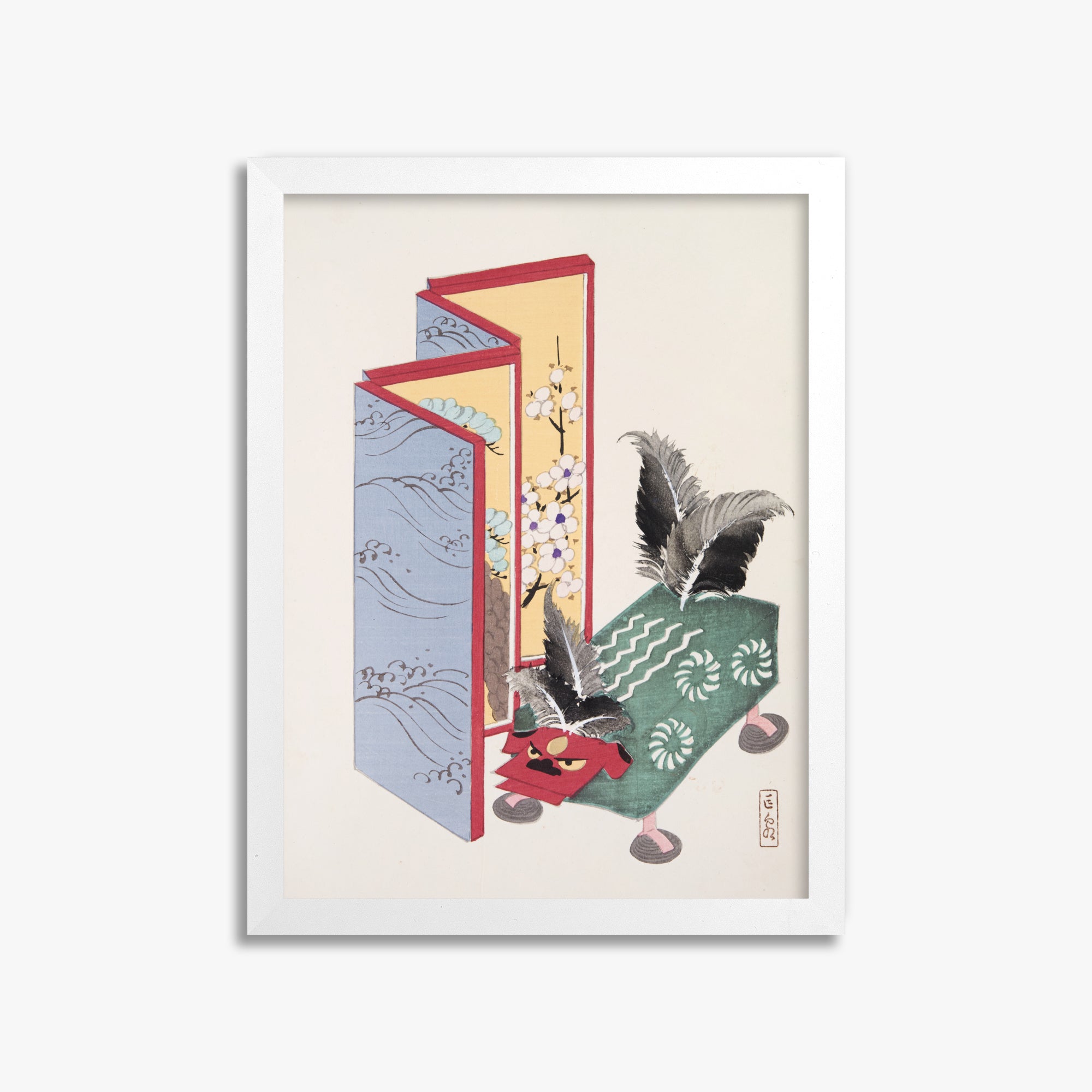 Kawasaki Kyosen: Kyosen’s Collected Illustrations of Japanese Toys Nr. 89 ("Serene Sanctuary"), 30x40cm Framed Art Reproduction With White Frame