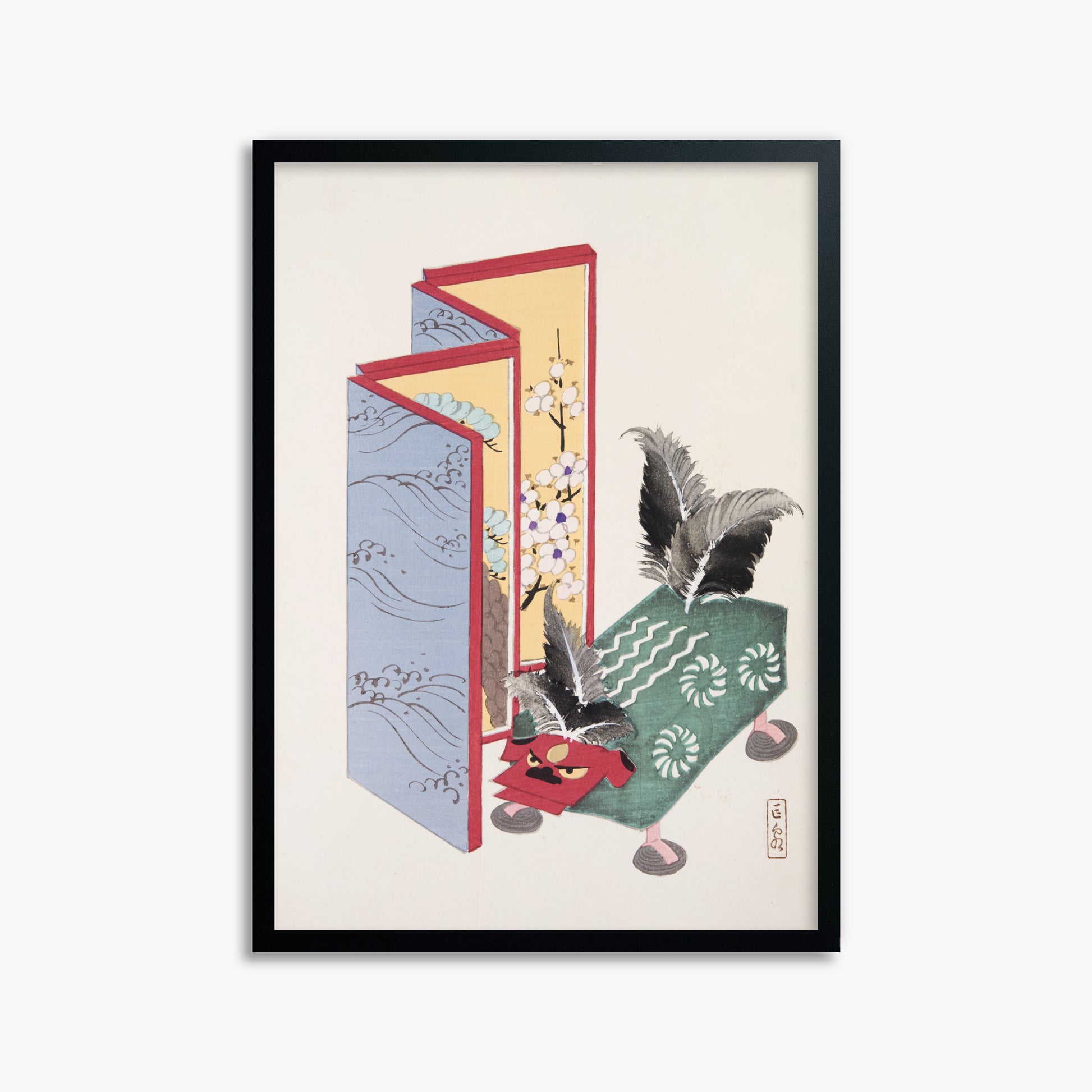 Kawasaki Kyosen: Kyosen’s Collected Illustrations of Japanese Toys Nr. 89 ("Serene Sanctuary"), 50x70cm Framed Art Reproduction With Black Frame