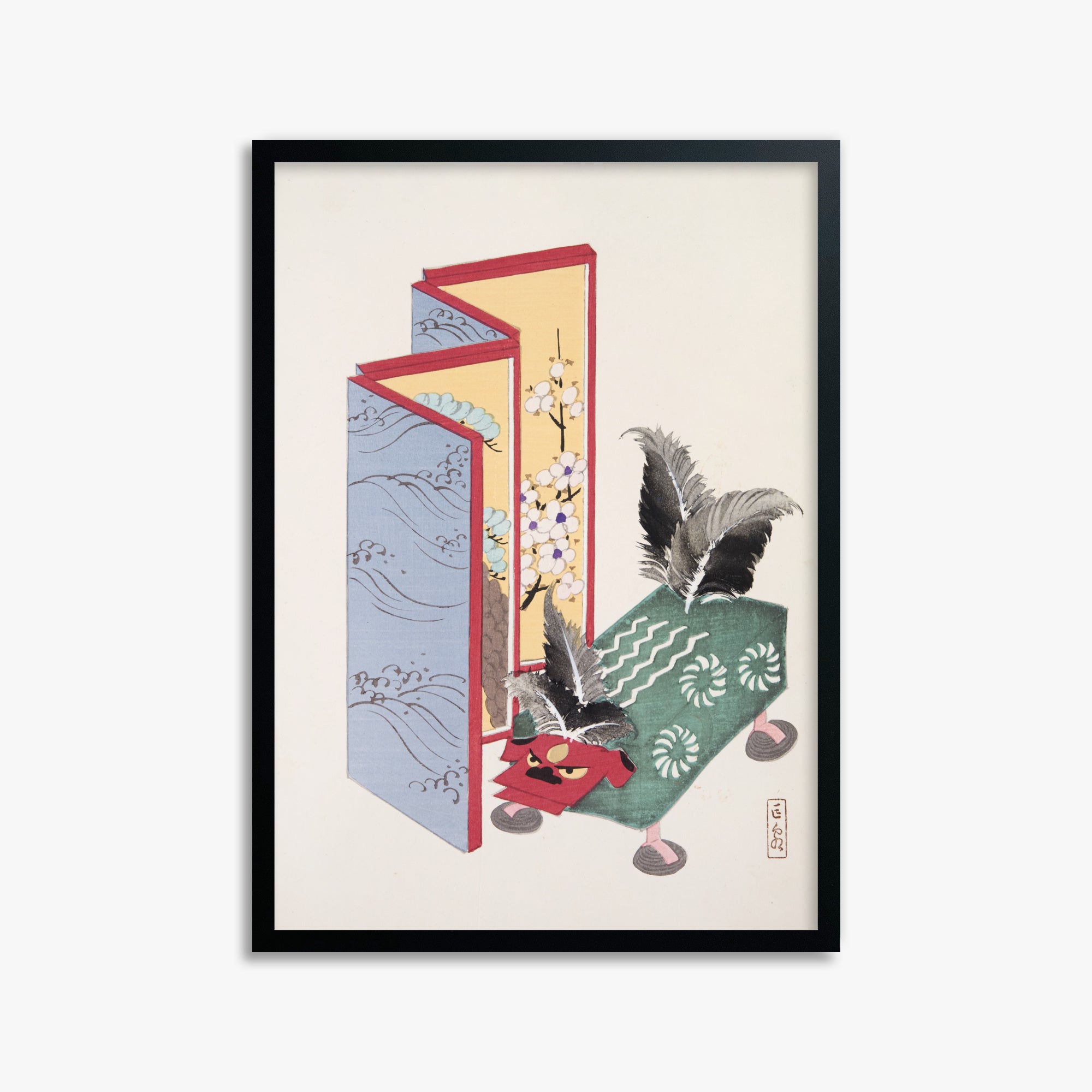 Kawasaki Kyosen: Kyosen’s Collected Illustrations of Japanese Toys Nr. 89 ("Serene Sanctuary"), 50x70cm Framed Art Reproduction With Black Frame