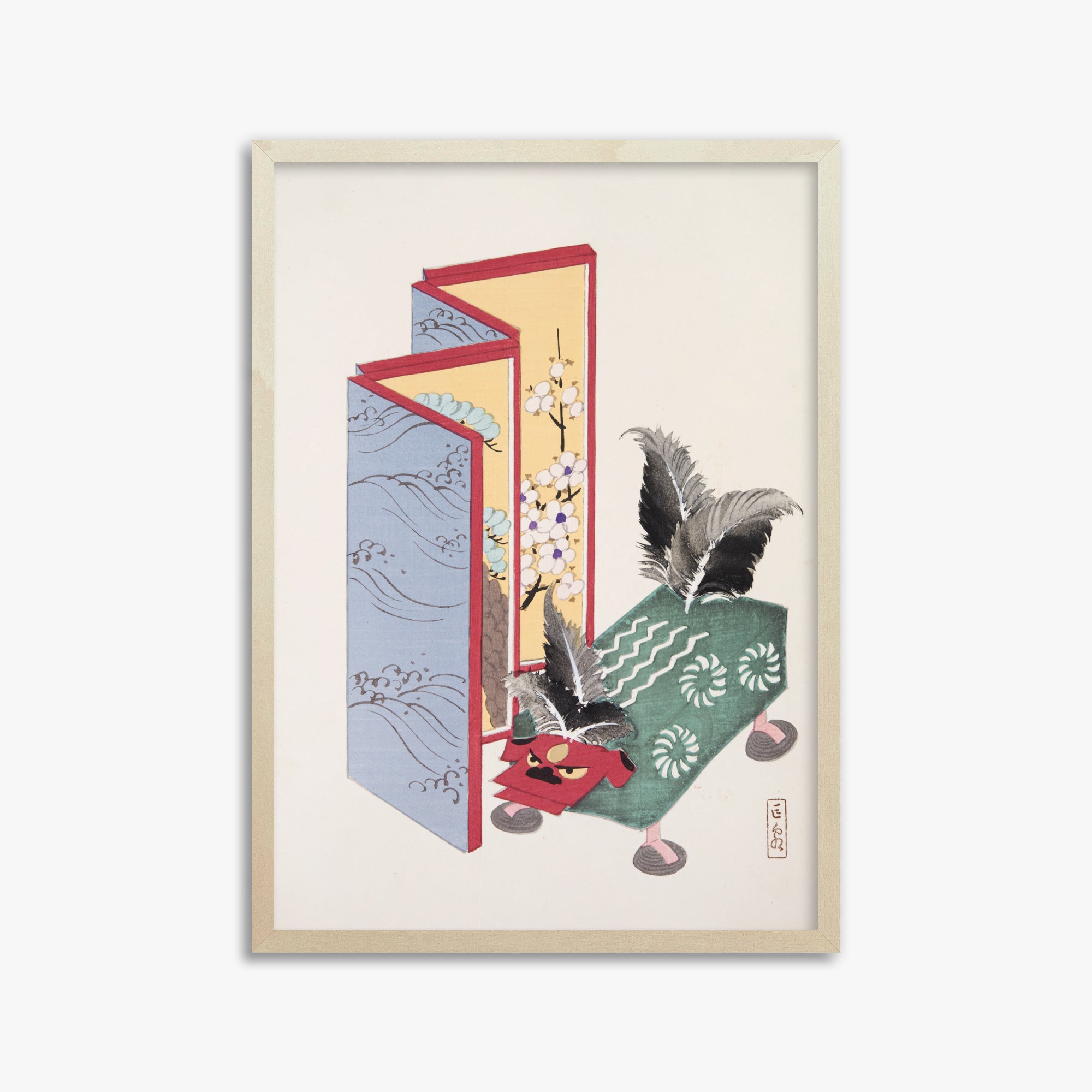 Kawasaki Kyosen: Kyosen’s Collected Illustrations of Japanese Toys Nr. 89 ("Serene Sanctuary"), 50x70cm Framed Art Reproduction With Lime Wood Frame