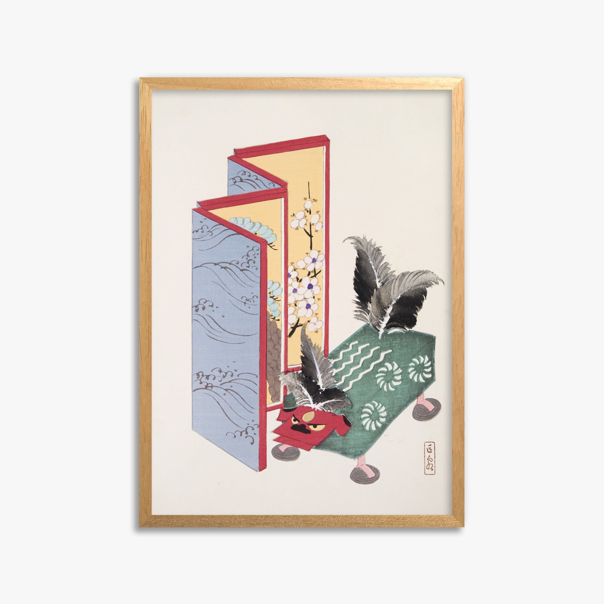 Kawasaki Kyosen: Kyosen’s Collected Illustrations of Japanese Toys Nr. 89 ("Serene Sanctuary"), 50x70cm Framed Art Reproduction With Oak Frame