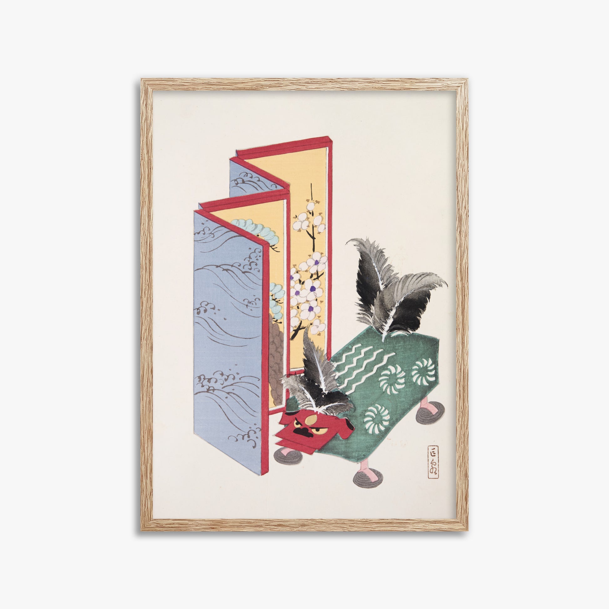 Kawasaki Kyosen: Kyosen’s Collected Illustrations of Japanese Toys Nr. 89 ("Serene Sanctuary"), 50x70cm Framed Art Reproduction With Raw Oak Frame