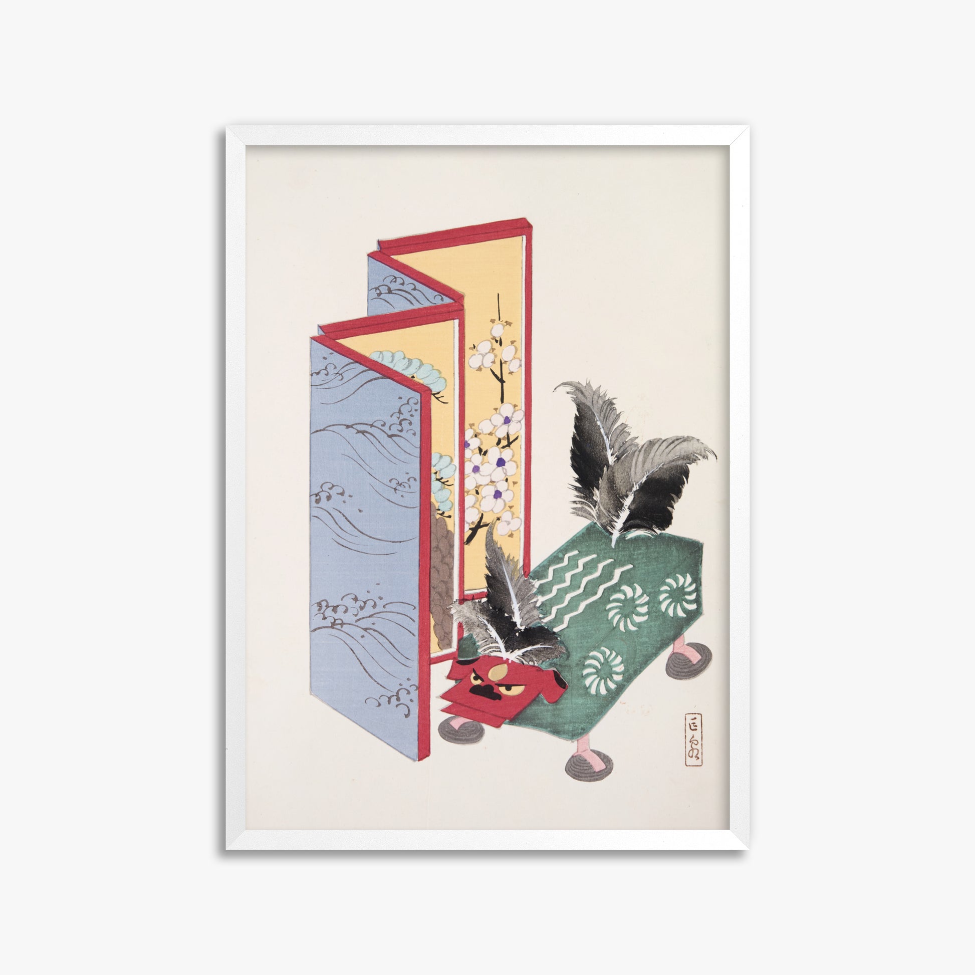 Kawasaki Kyosen: Kyosen’s Collected Illustrations of Japanese Toys Nr. 89 ("Serene Sanctuary"), 50x70cm Framed Art Reproduction With White Frame