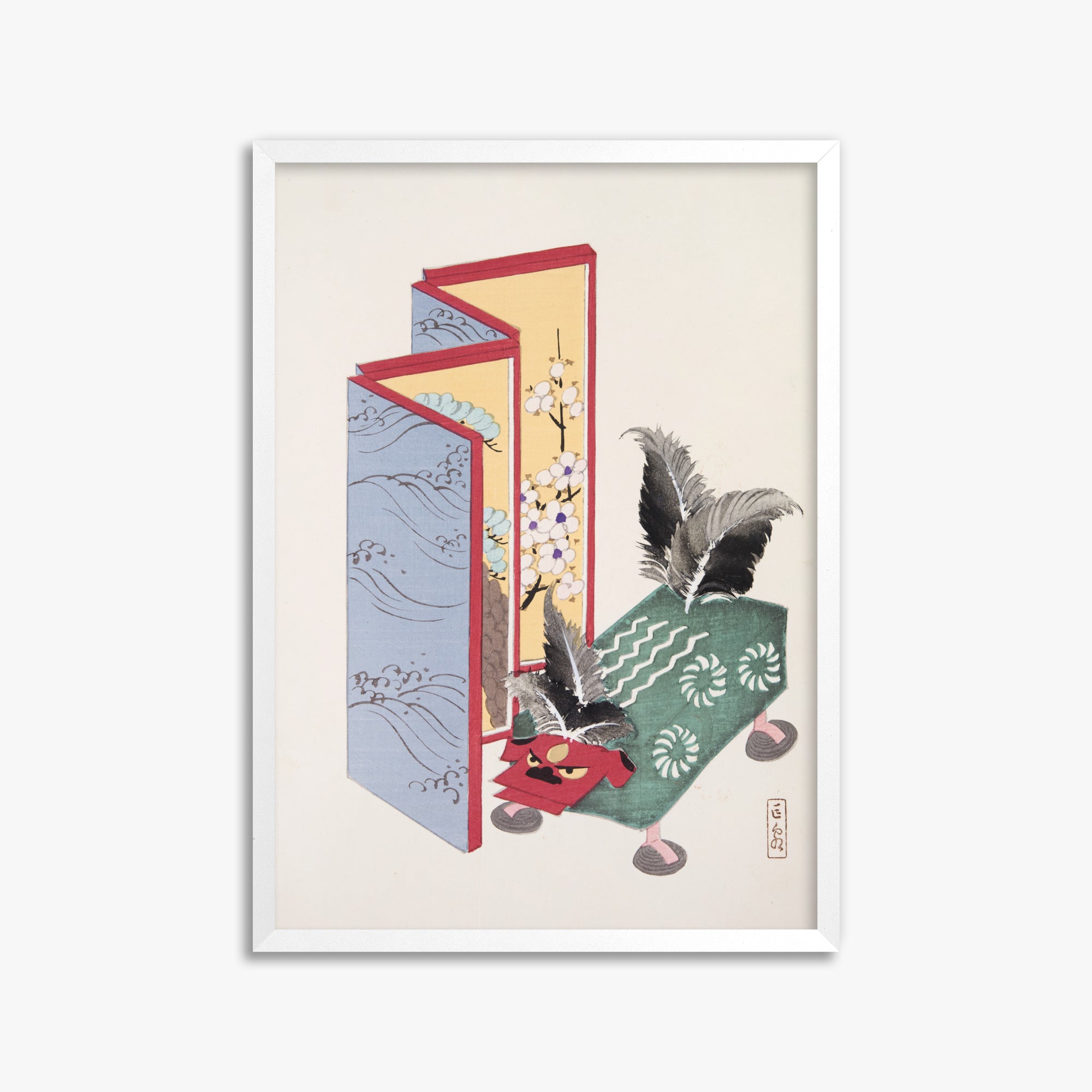 Kawasaki Kyosen: Kyosen’s Collected Illustrations of Japanese Toys Nr. 89 ("Serene Sanctuary"), 50x70cm Framed Art Reproduction With White Frame