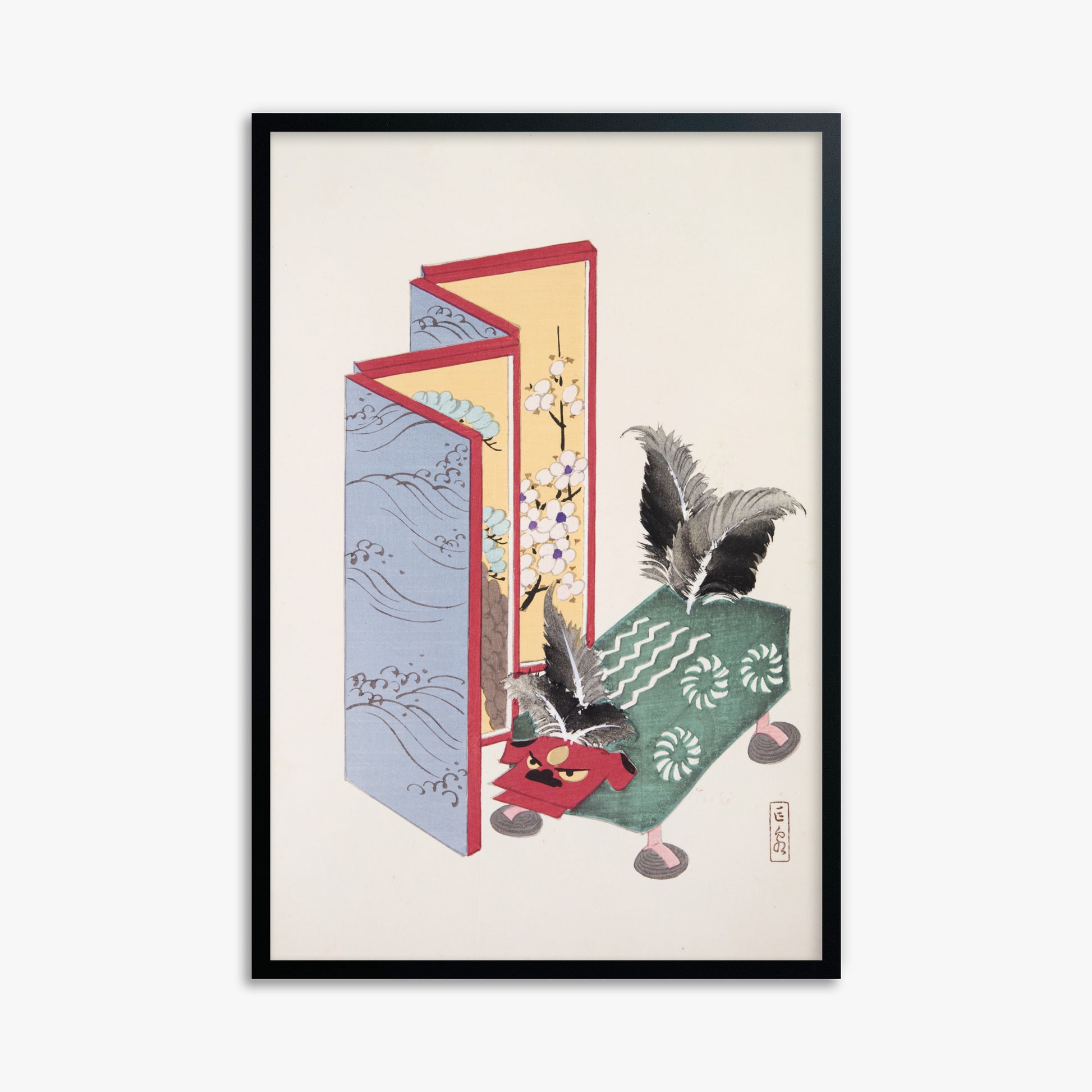 Kawasaki Kyosen: Kyosen’s Collected Illustrations of Japanese Toys Nr. 89 ("Serene Sanctuary"), 61x91cm Framed Art Reproduction With Black Frame