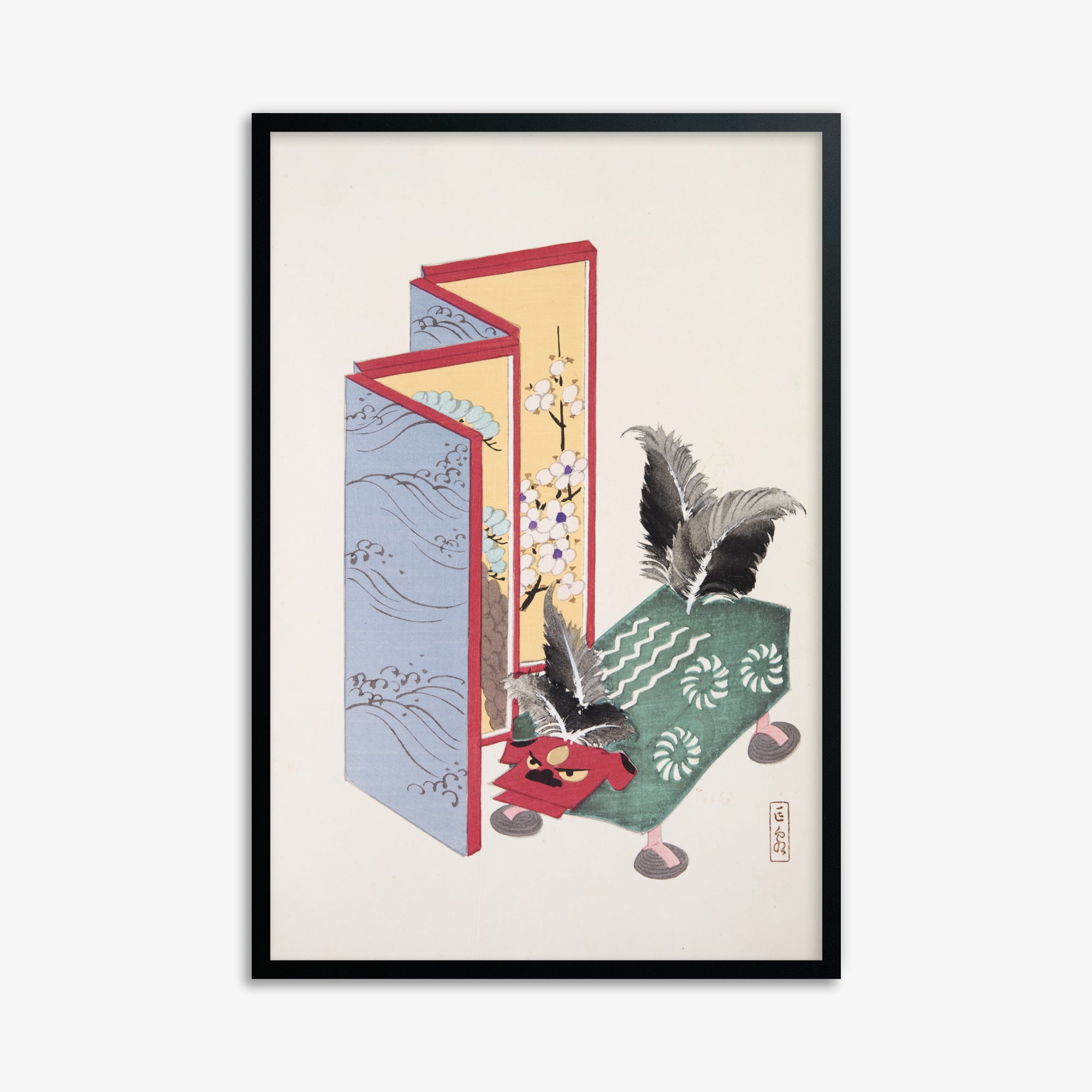 Kawasaki Kyosen: Kyosen’s Collected Illustrations of Japanese Toys Nr. 89 ("Serene Sanctuary"), 61x91cm Framed Art Reproduction With Black Frame
