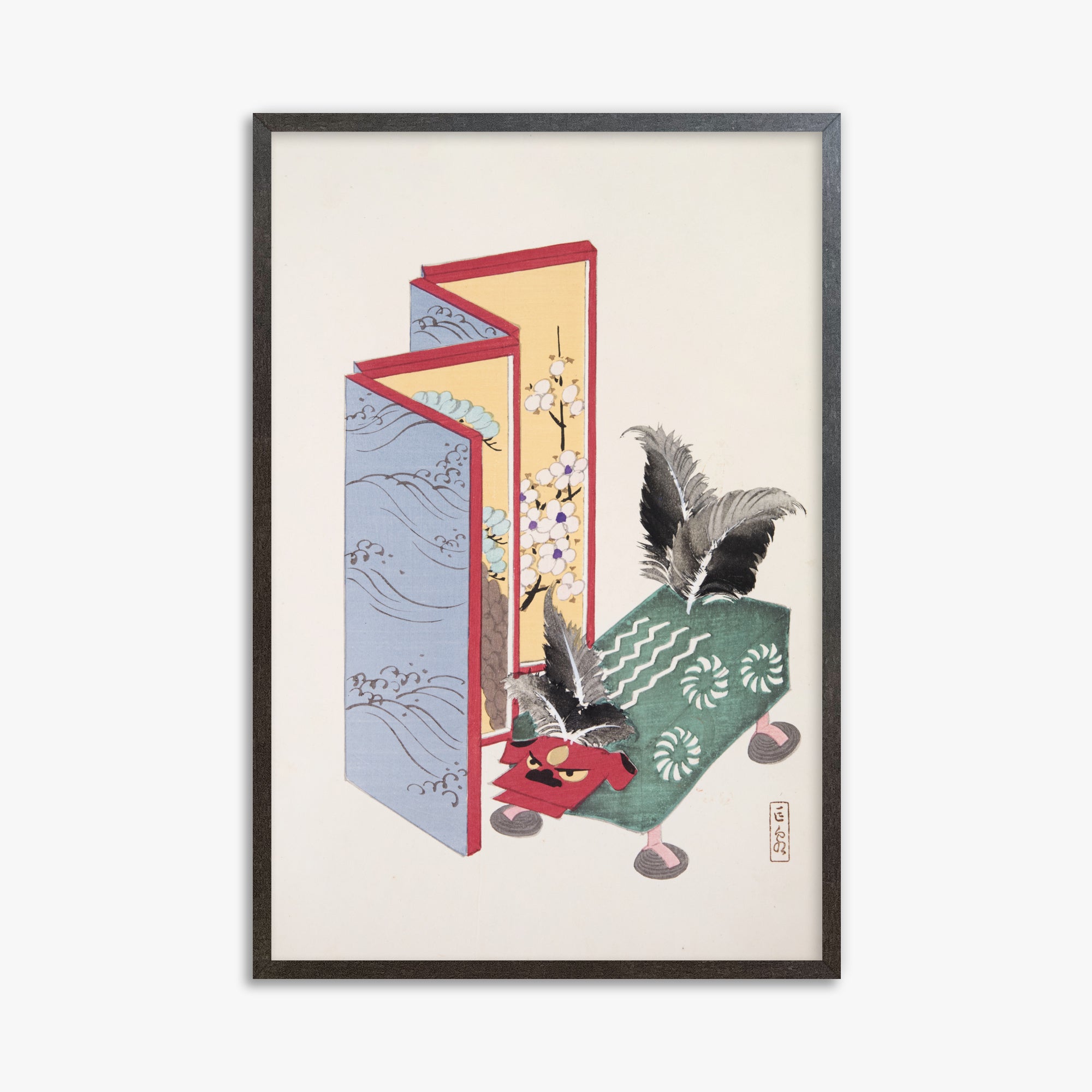 Kawasaki Kyosen: Kyosen’s Collected Illustrations of Japanese Toys Nr. 89 ("Serene Sanctuary"), 61x91cm Framed Art Reproduction With Espresso Frame