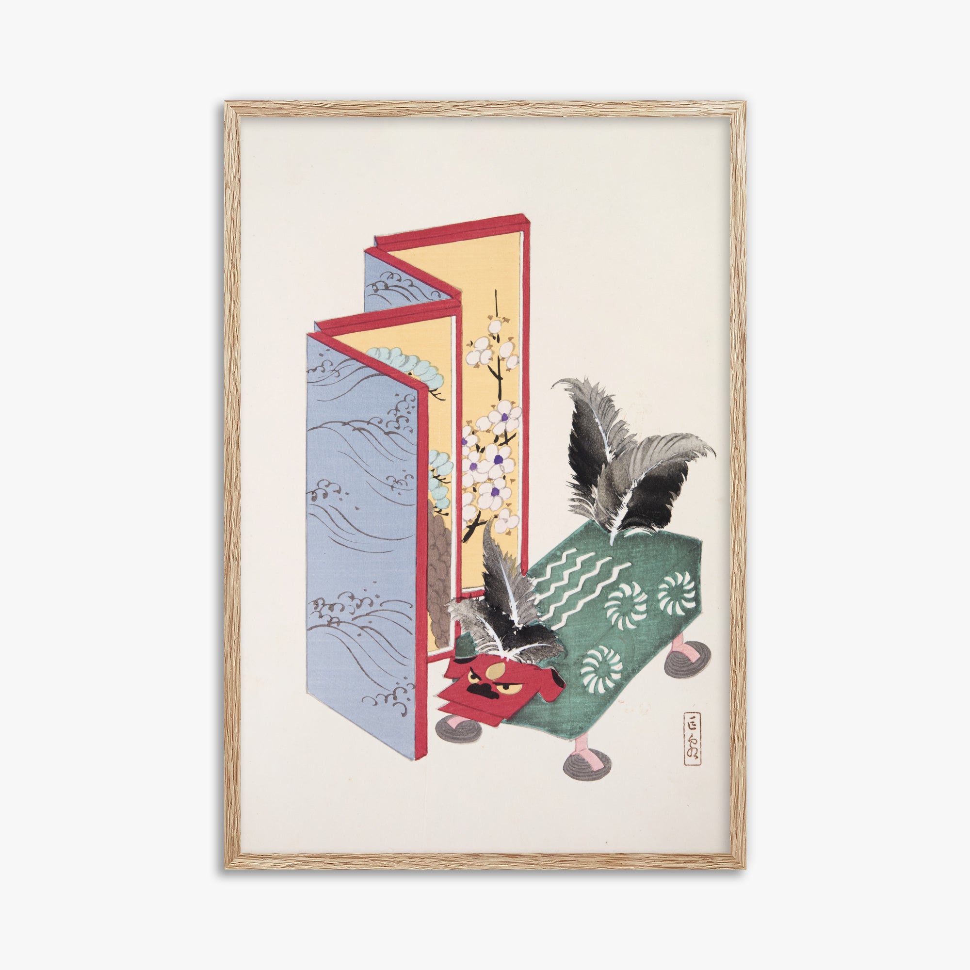 Kawasaki Kyosen: Kyosen’s Collected Illustrations of Japanese Toys Nr. 89 ("Serene Sanctuary"), 61x91cm Framed Art Reproduction With Raw Oak Frame