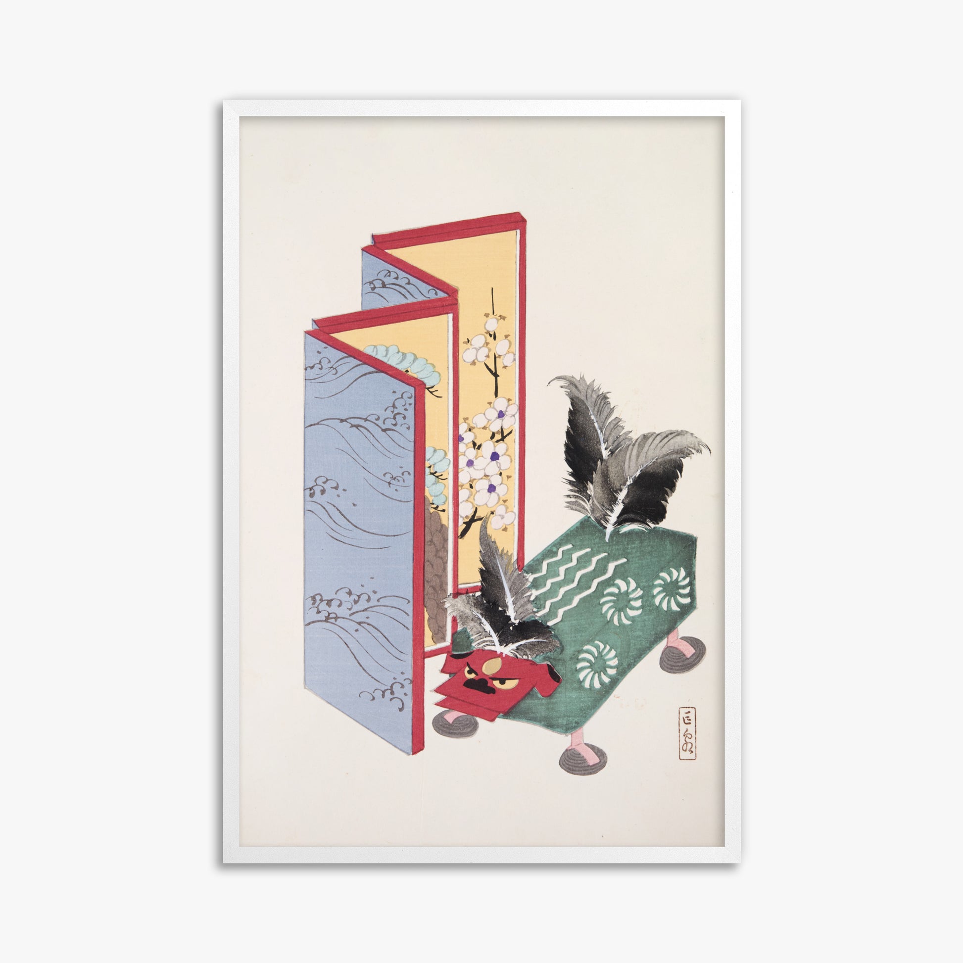 Kawasaki Kyosen: Kyosen’s Collected Illustrations of Japanese Toys Nr. 89 ("Serene Sanctuary"), 61x91cm Framed Art Reproduction With White Frame