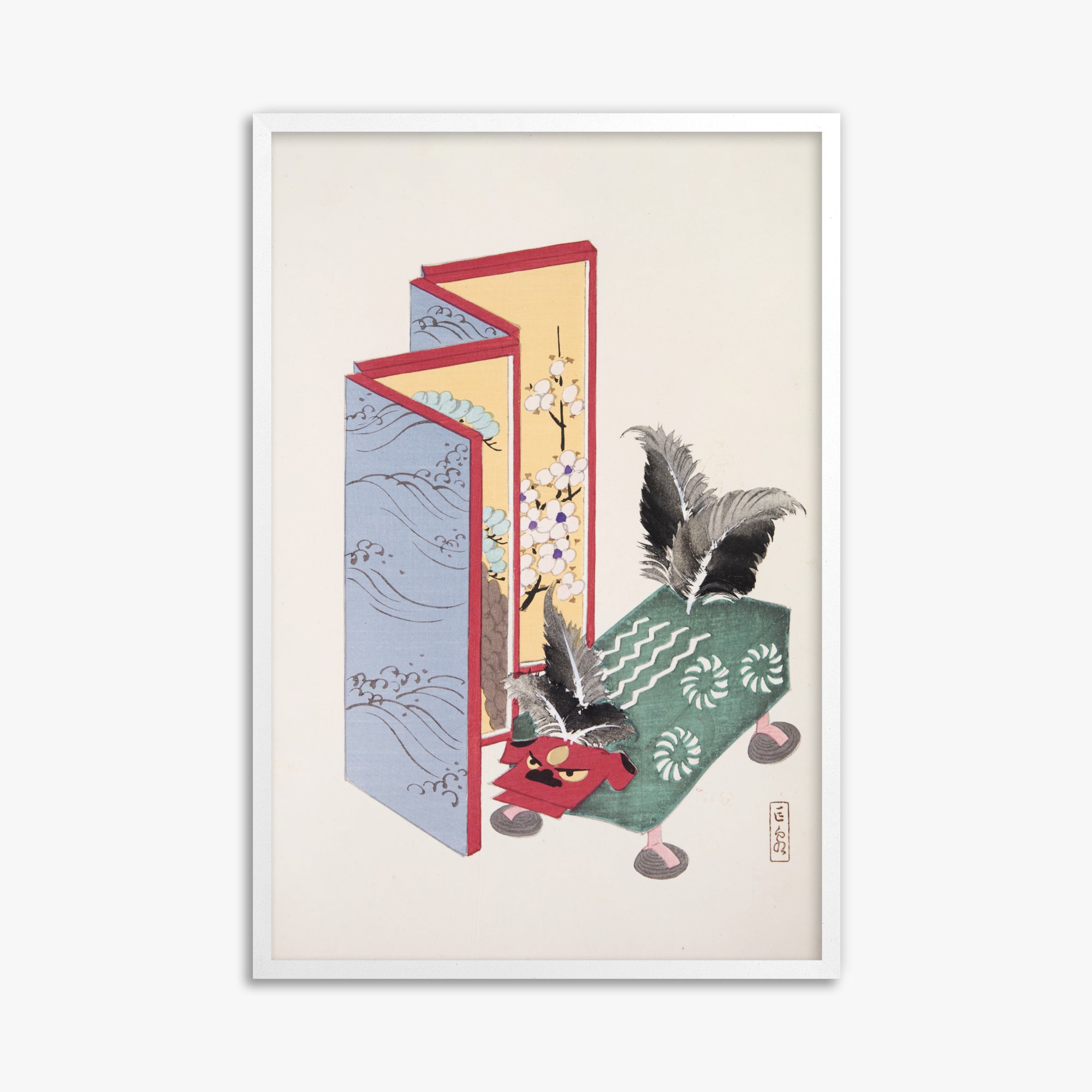 Kawasaki Kyosen: Kyosen’s Collected Illustrations of Japanese Toys Nr. 89 ("Serene Sanctuary"), 61x91cm Framed Art Reproduction With White Frame