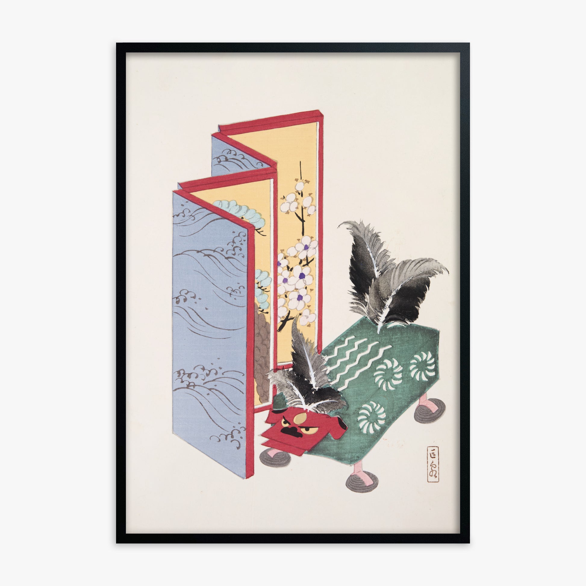 Kawasaki Kyosen: Kyosen’s Collected Illustrations of Japanese Toys Nr. 89 ("Serene Sanctuary"), Black Framed Art Reproduction With Black Frame