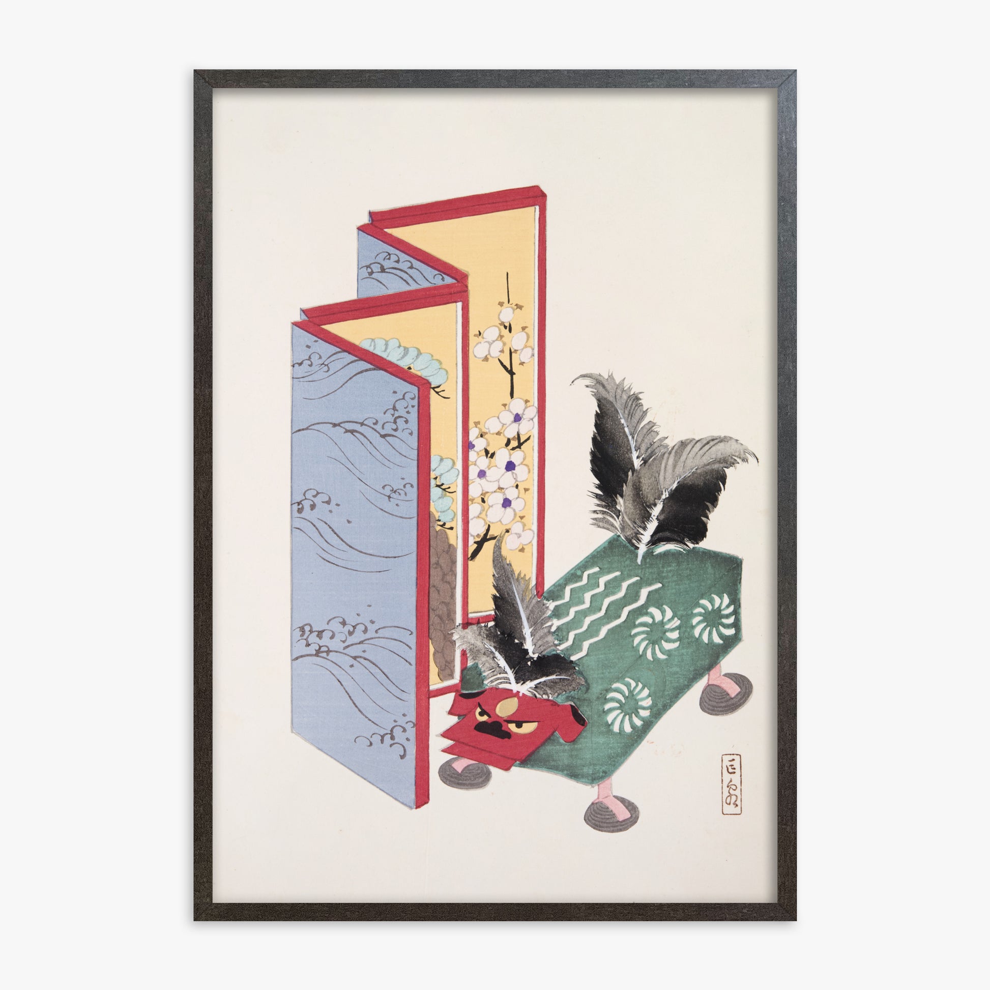 Kawasaki Kyosen: Kyosen’s Collected Illustrations of Japanese Toys Nr. 89 ("Serene Sanctuary"), 70x100cm Framed Art Reproduction With Espresso Frame