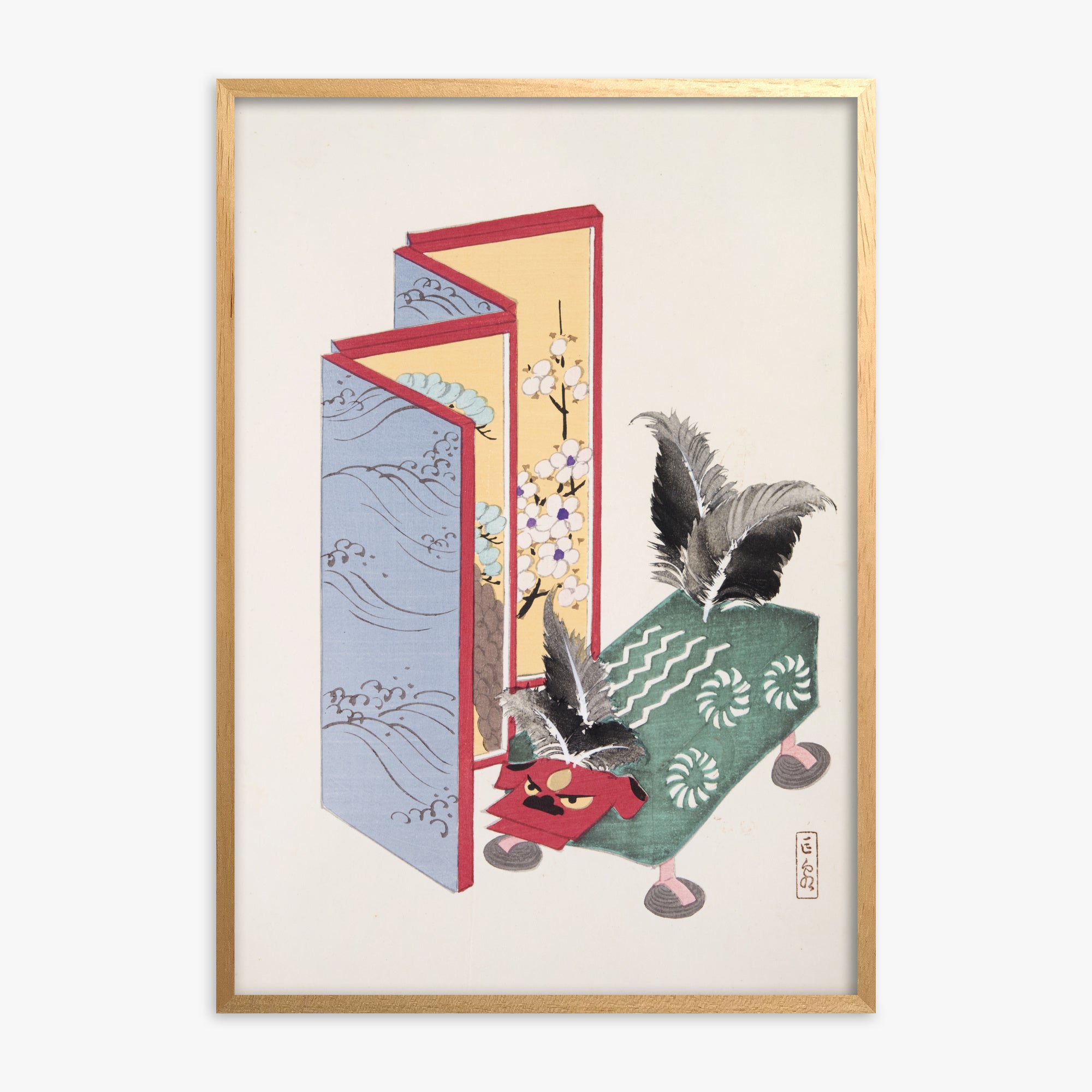 Kawasaki Kyosen: Kyosen’s Collected Illustrations of Japanese Toys Nr. 89 ("Serene Sanctuary"), Oak Framed Art Reproduction With Oak Frame