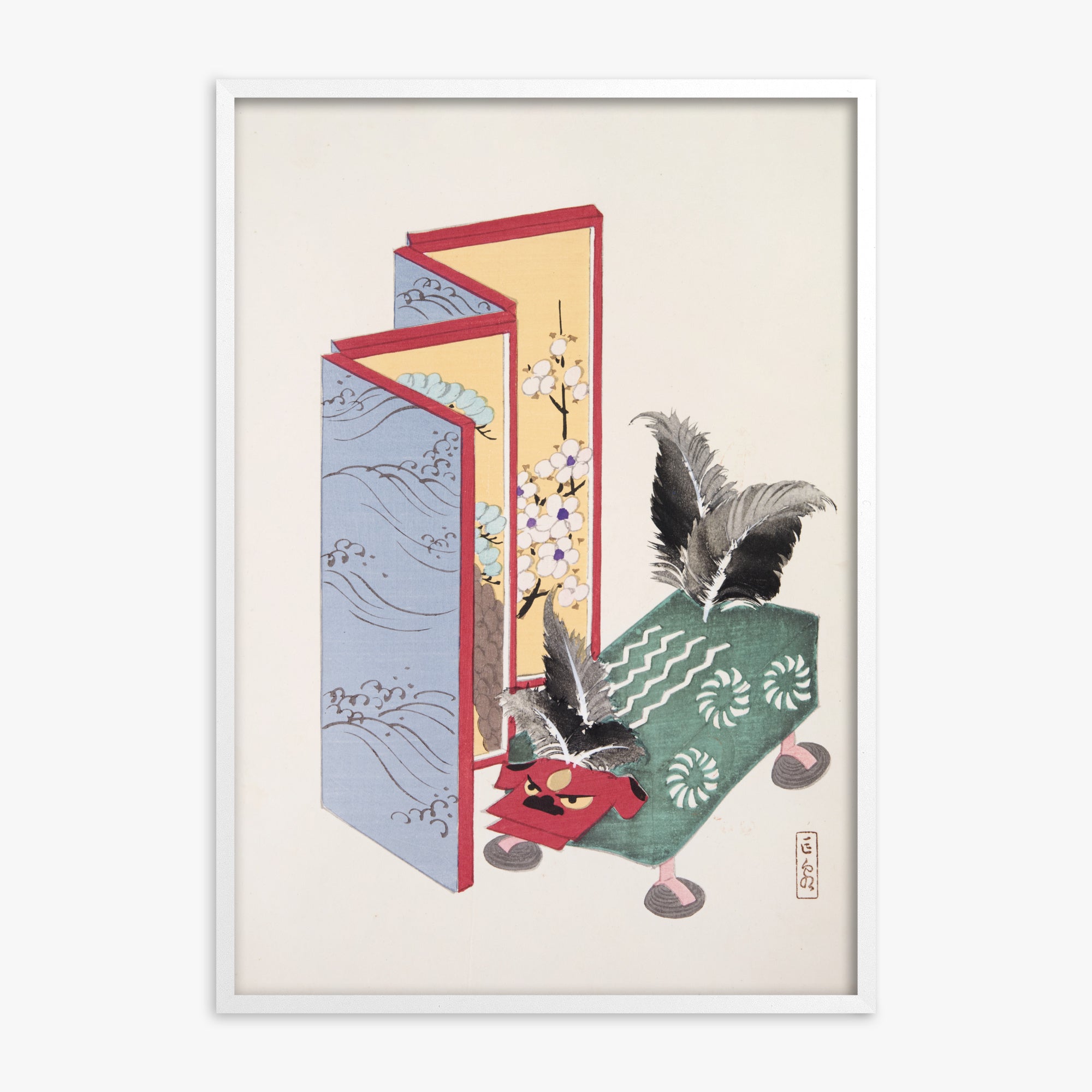 Kawasaki Kyosen: Kyosen’s Collected Illustrations of Japanese Toys Nr. 89 ("Serene Sanctuary"), White Framed Art Reproduction With White Frame