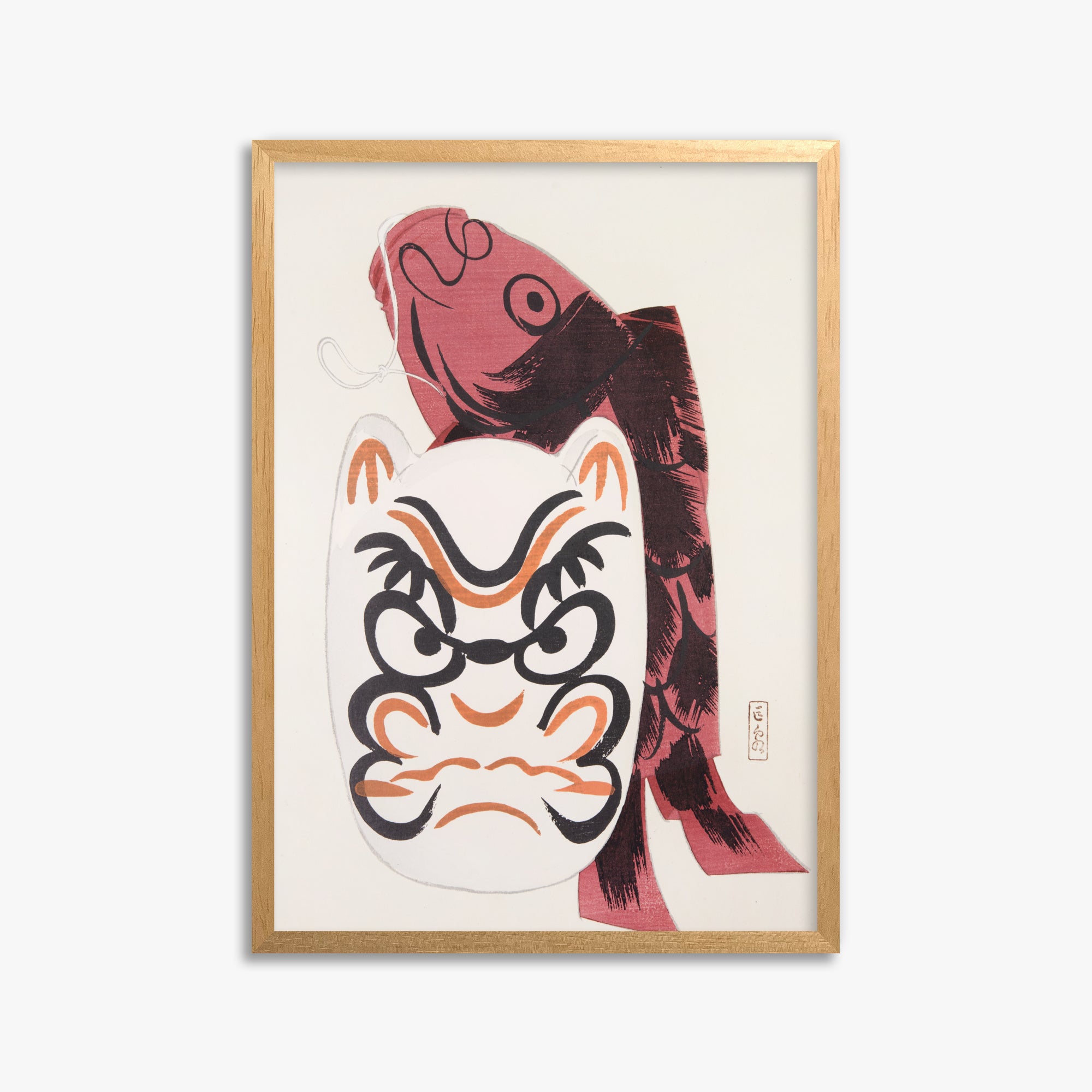 Kawasaki Kyosen: Kyosen’s Collected Illustrations of Japanese Toys Nr. 90 ("Guardian Carp: Festival Spirit"), 50x70cm Framed Art Reproduction With Oak Frame