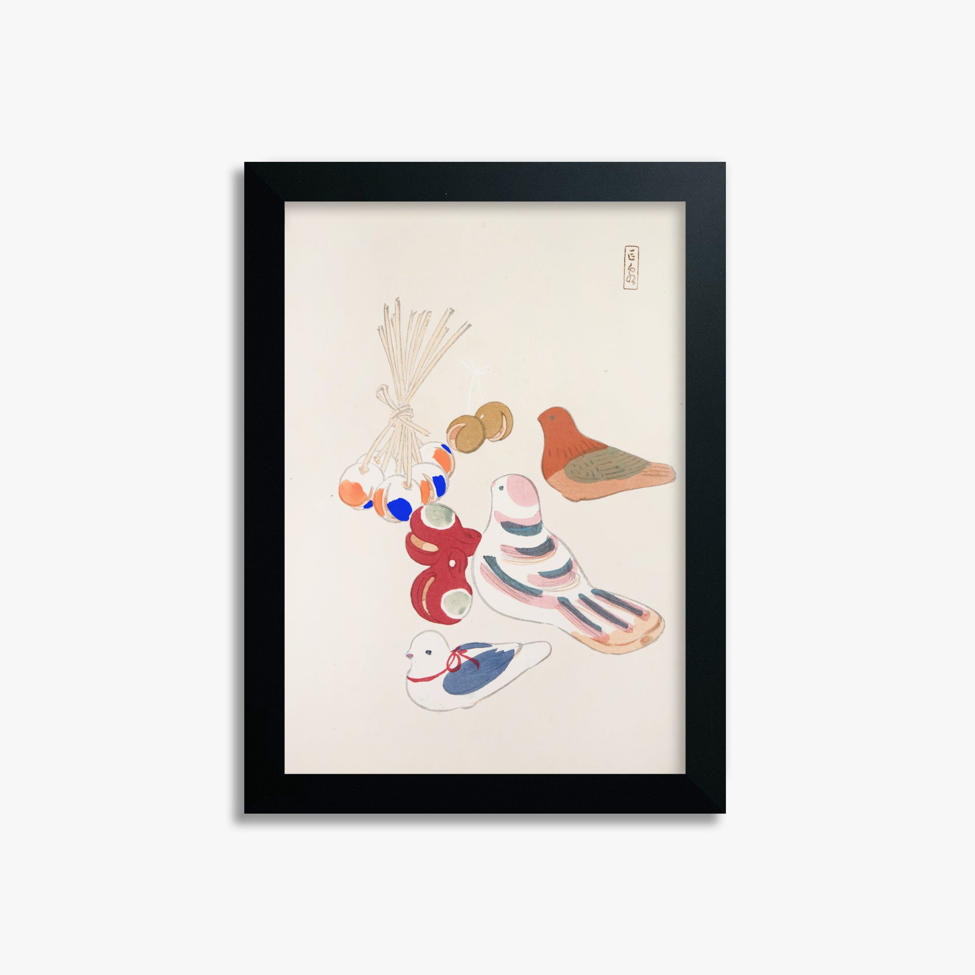 Kawasaki Kyosen: Kyosen’s Collected Illustrations of Japanese Toys Nr. 91 ("Nostalgia Birds: Japanese Toy Collection"), 21x30cm Framed Art Reproduction With Black Frame