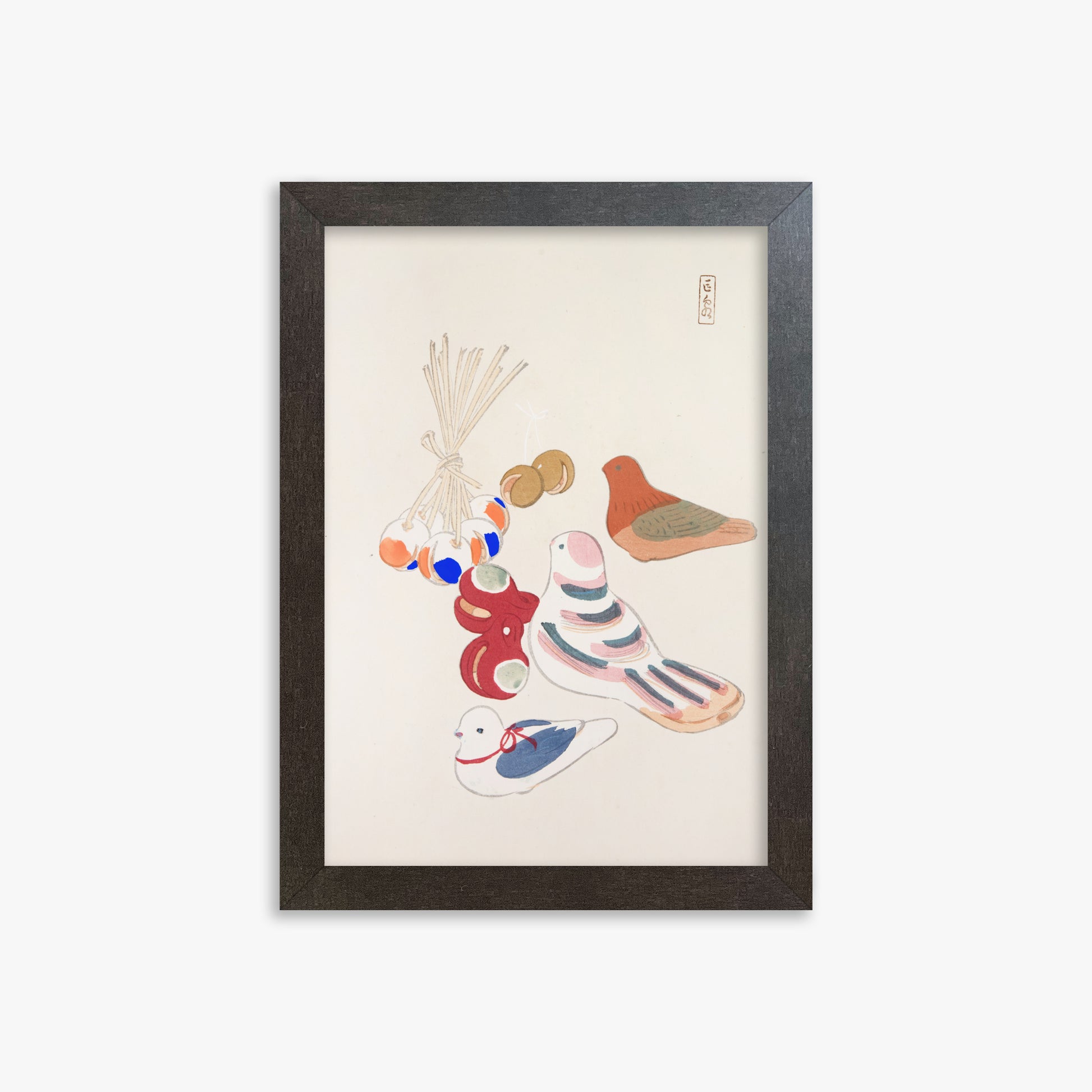 Kawasaki Kyosen: Kyosen’s Collected Illustrations of Japanese Toys Nr. 91 ("Nostalgia Birds: Japanese Toy Collection"), 21x30cm Framed Art Reproduction With Espresso Frame