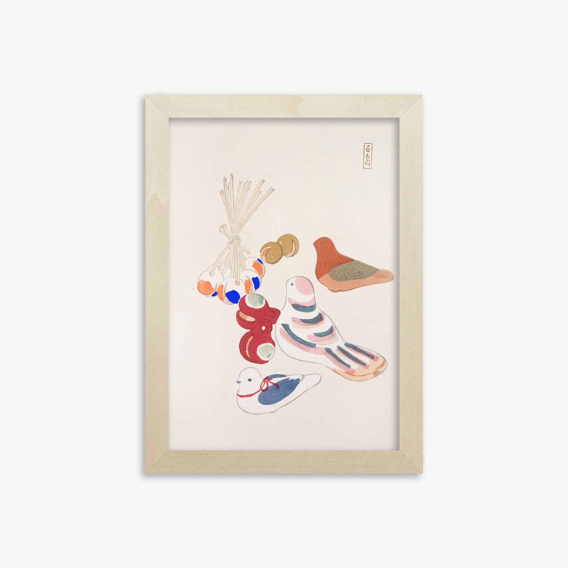 Kawasaki Kyosen: Kyosen’s Collected Illustrations of Japanese Toys Nr. 91 ("Nostalgia Birds: Japanese Toy Collection"), 21x30cm Framed Art Reproduction With Lime Wood Frame