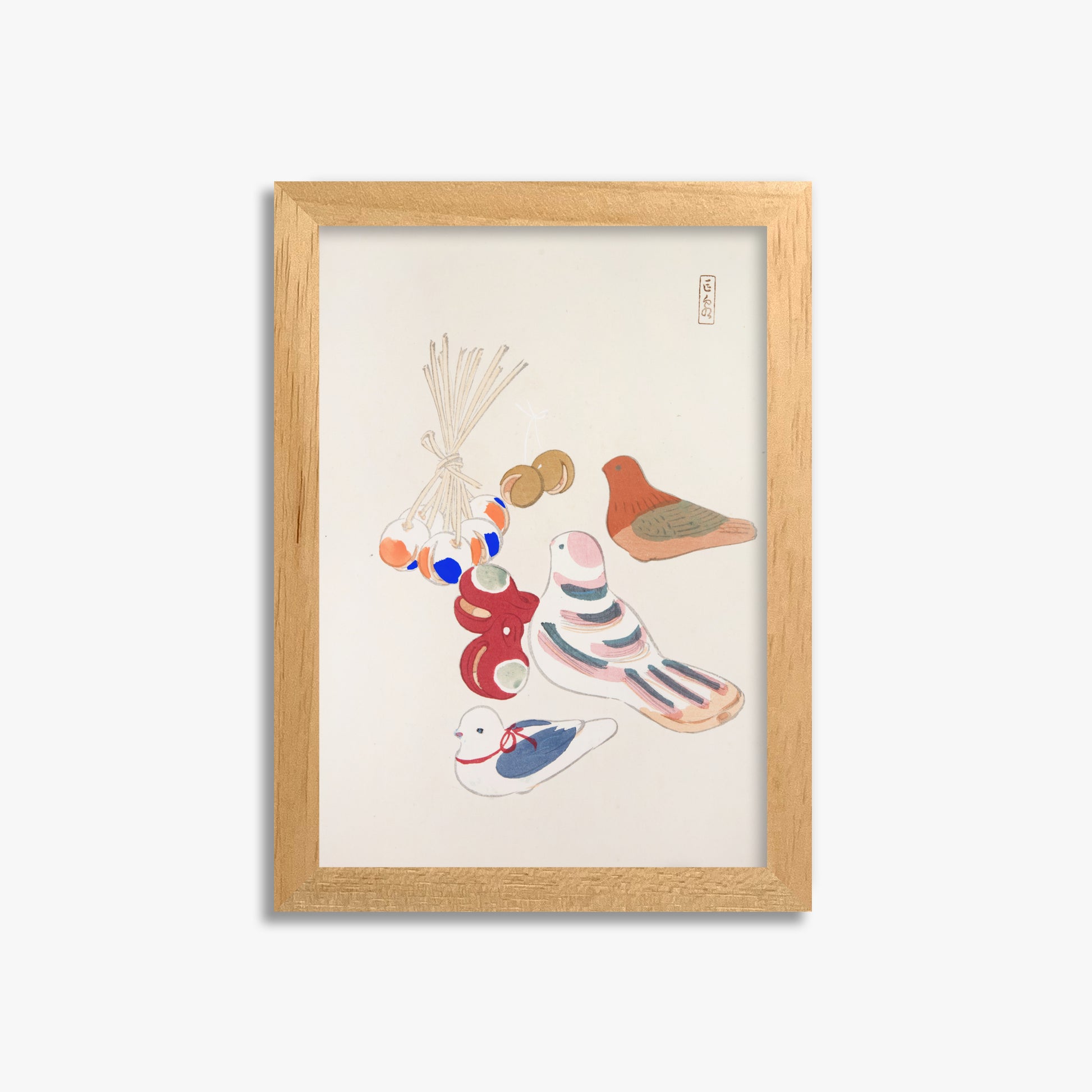 Kawasaki Kyosen: Kyosen’s Collected Illustrations of Japanese Toys Nr. 91 ("Nostalgia Birds: Japanese Toy Collection"), 21x30cm Framed Art Reproduction With Oak Frame