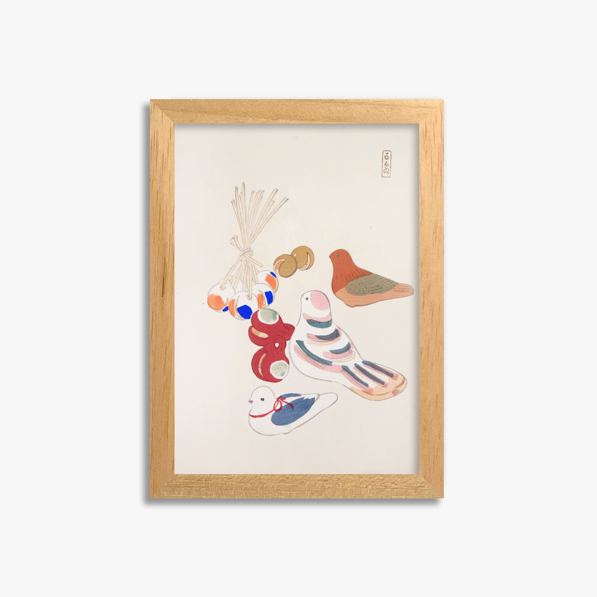 Kawasaki Kyosen: Kyosen’s Collected Illustrations of Japanese Toys Nr. 91 ("Nostalgia Birds: Japanese Toy Collection"), 21x30cm Framed Art Reproduction With Oak Frame