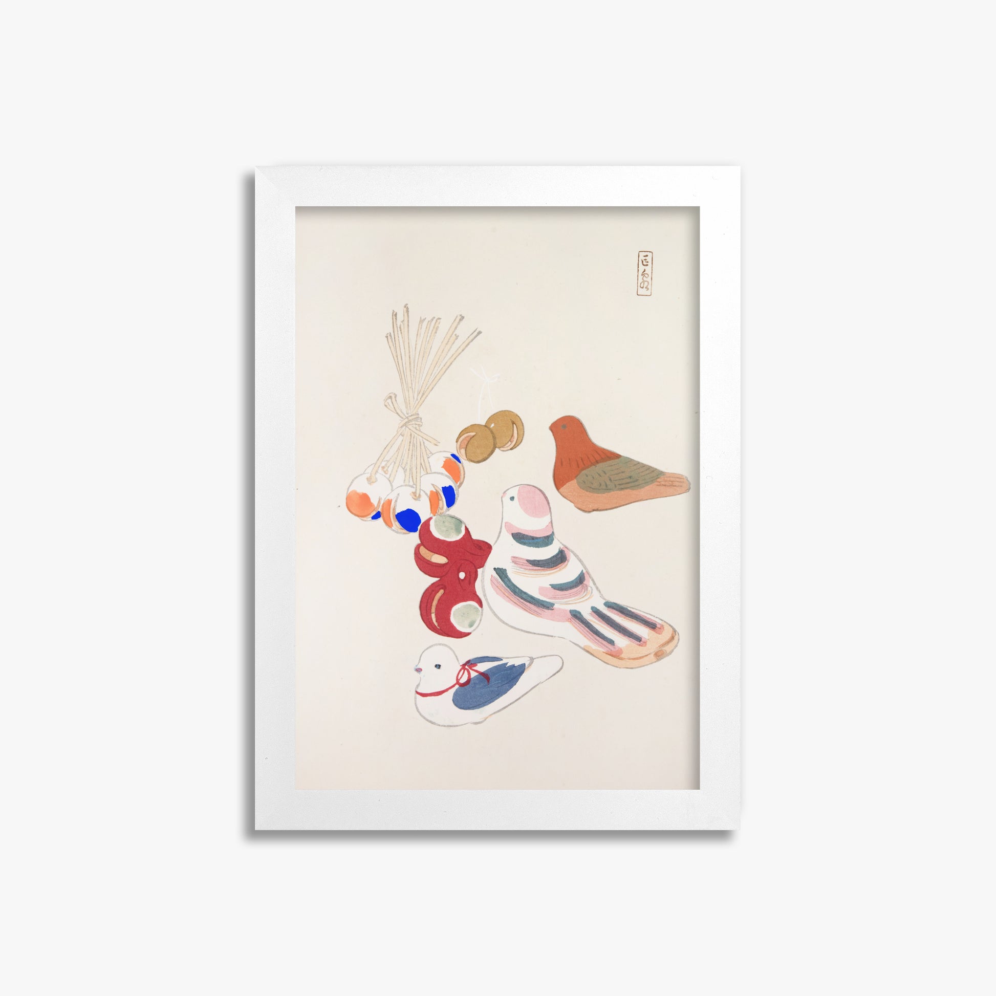 Kawasaki Kyosen: Kyosen’s Collected Illustrations of Japanese Toys Nr. 91 ("Nostalgia Birds: Japanese Toy Collection"), 21x30cm Framed Art Reproduction With White Frame