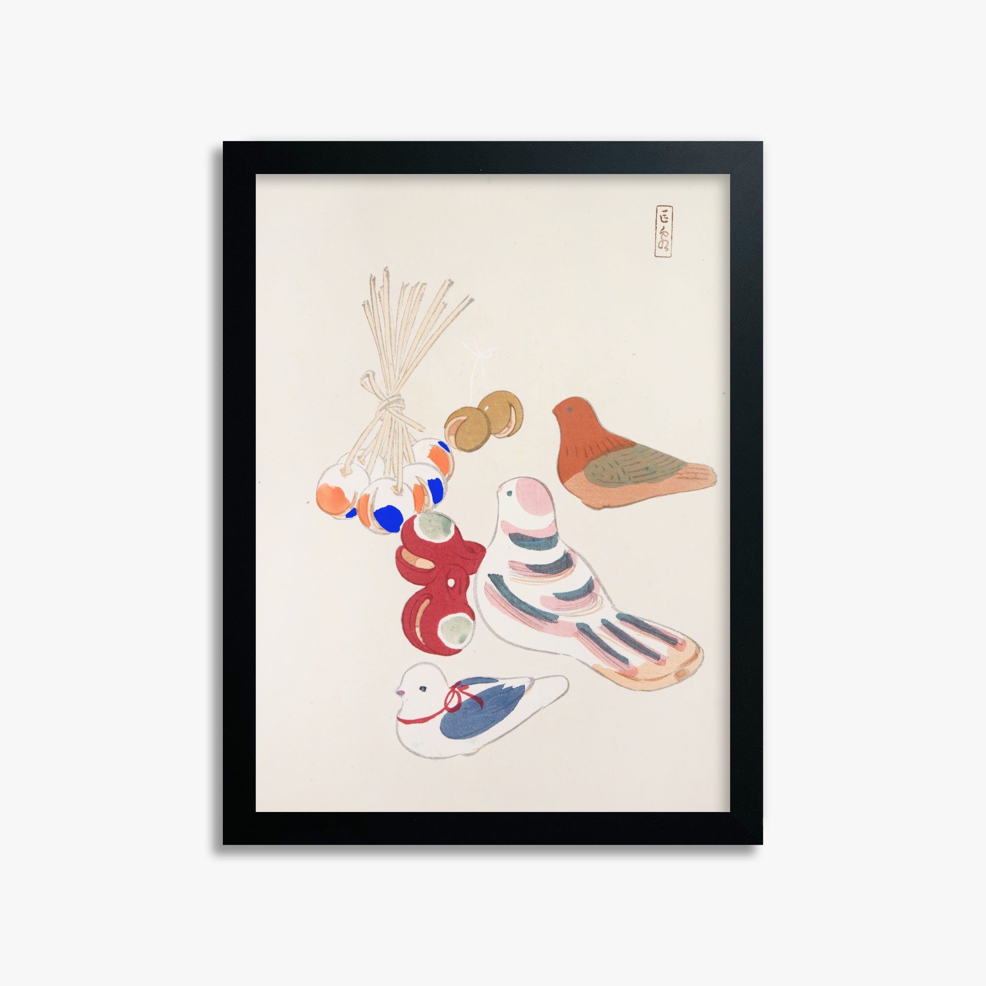 Kawasaki Kyosen: Kyosen’s Collected Illustrations of Japanese Toys Nr. 91 ("Nostalgia Birds: Japanese Toy Collection"), 30x40cm Framed Art Reproduction With Black Frame