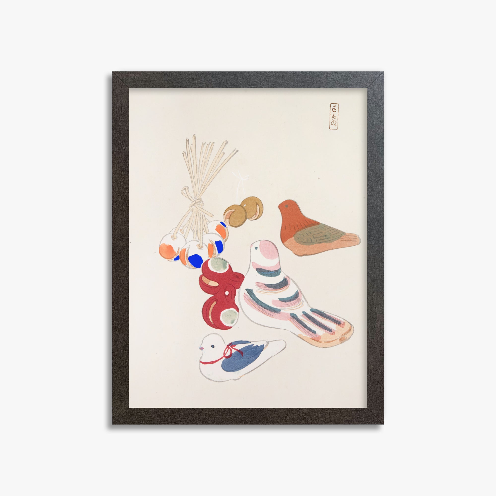 Kawasaki Kyosen: Kyosen’s Collected Illustrations of Japanese Toys Nr. 91 ("Nostalgia Birds: Japanese Toy Collection"), 30x40cm Framed Art Reproduction With Espresso Frame
