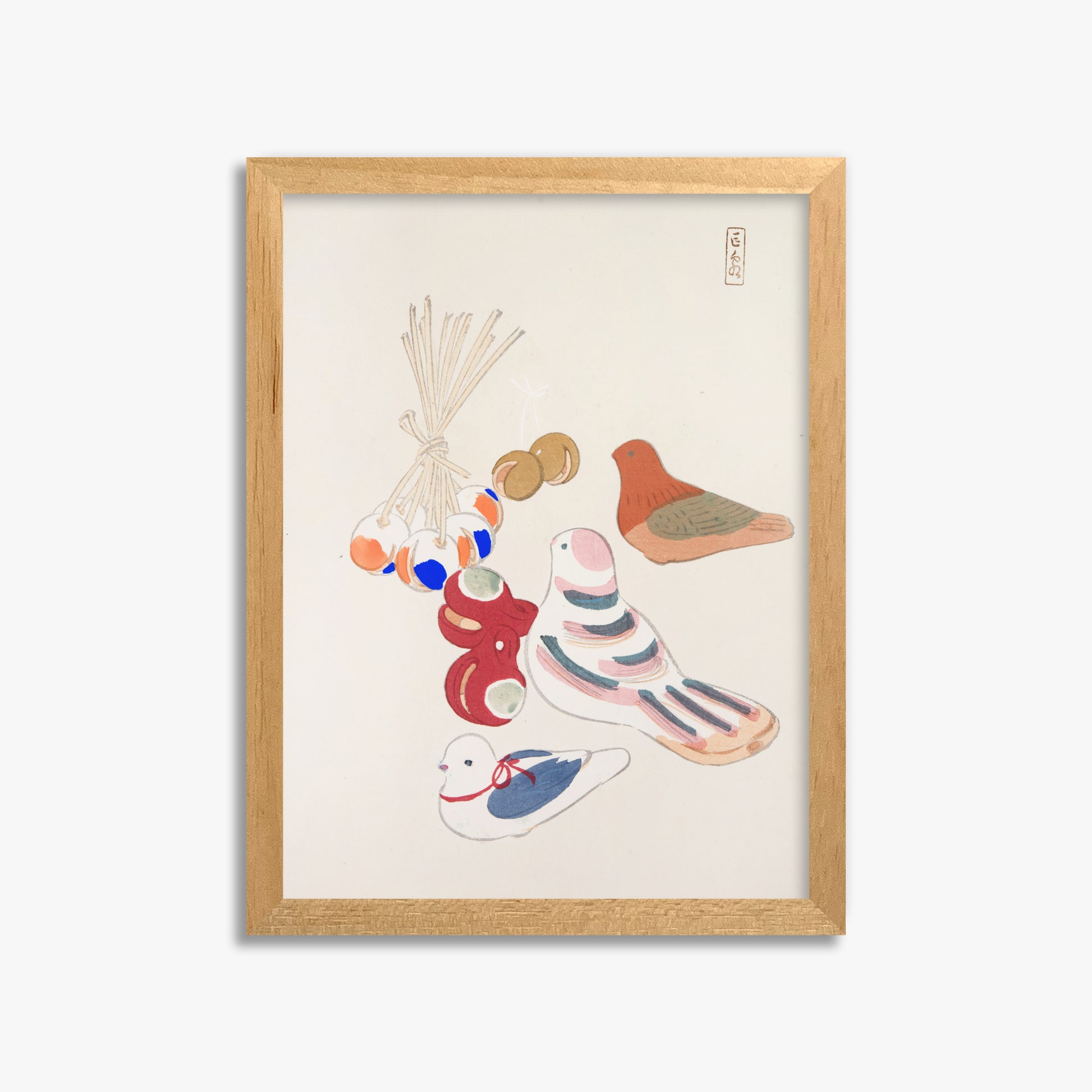 Kawasaki Kyosen: Kyosen’s Collected Illustrations of Japanese Toys Nr. 91 ("Nostalgia Birds: Japanese Toy Collection"), 30x40cm Framed Art Reproduction With Oak Frame