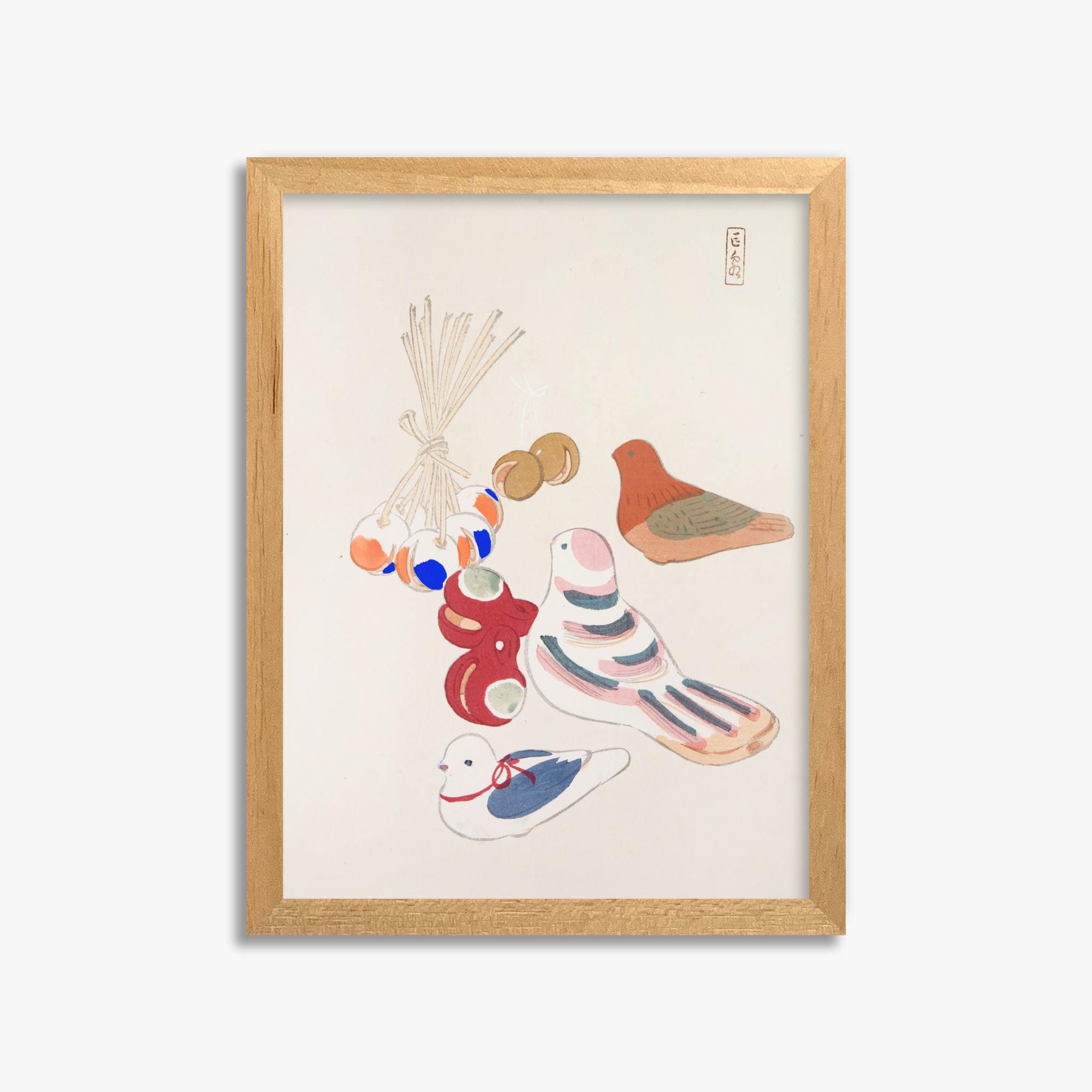 Kawasaki Kyosen: Kyosen’s Collected Illustrations of Japanese Toys Nr. 91 ("Nostalgia Birds: Japanese Toy Collection"), 30x40cm Framed Art Reproduction With Oak Frame