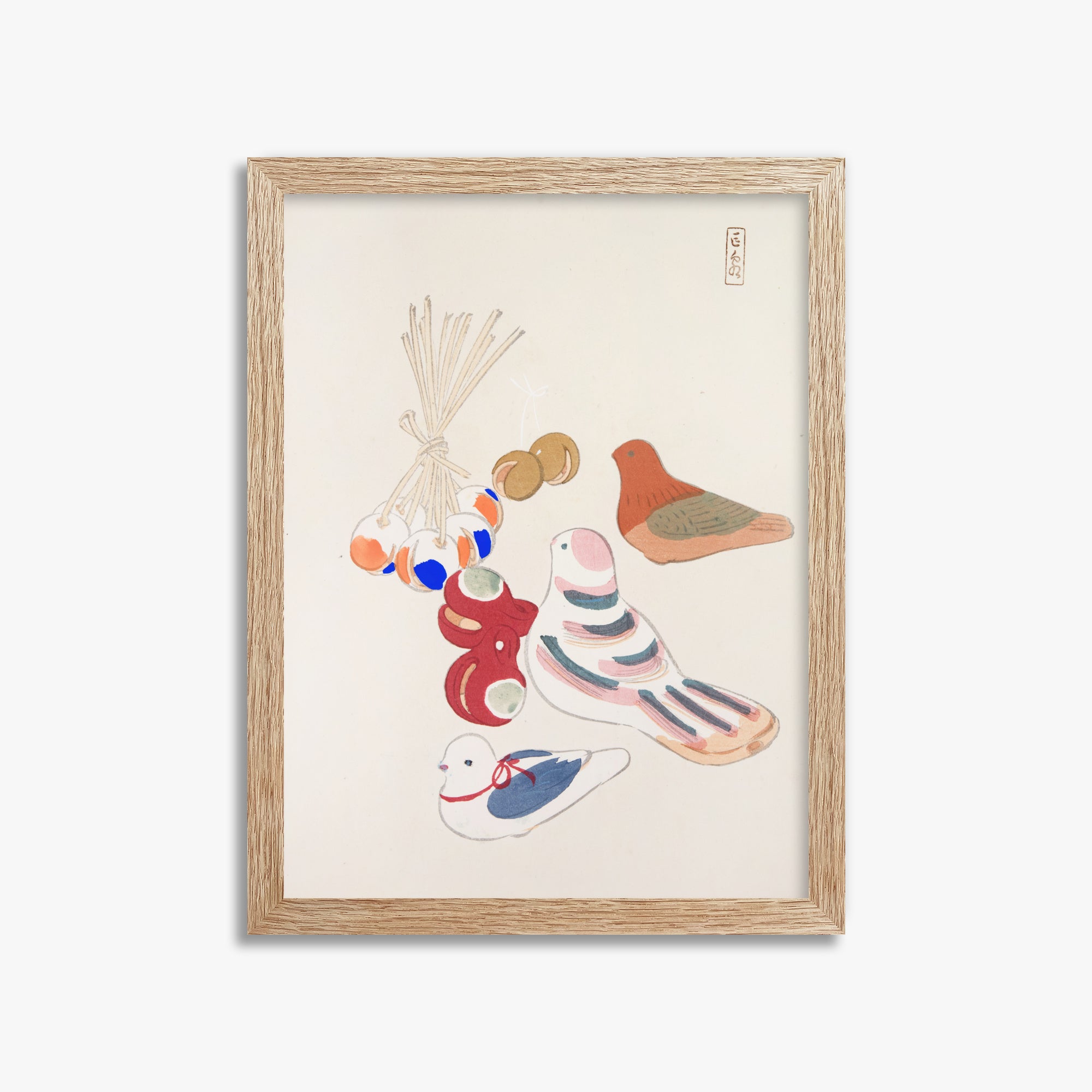 Kawasaki Kyosen: Kyosen’s Collected Illustrations of Japanese Toys Nr. 91 ("Nostalgia Birds: Japanese Toy Collection"), 30x40cm Framed Art Reproduction With Raw Oak Frame