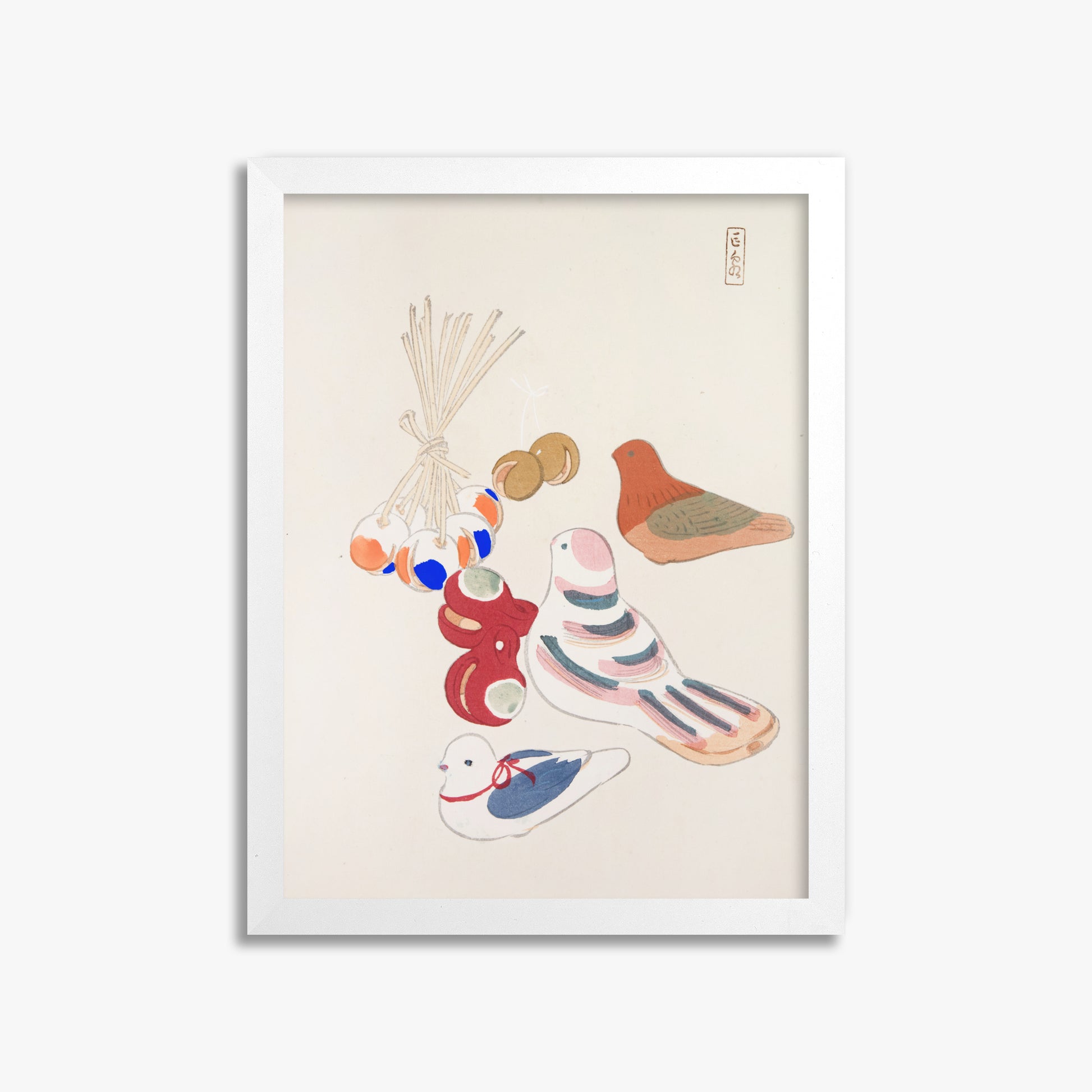 Kawasaki Kyosen: Kyosen’s Collected Illustrations of Japanese Toys Nr. 91 ("Nostalgia Birds: Japanese Toy Collection"), 30x40cm Framed Art Reproduction With White Frame
