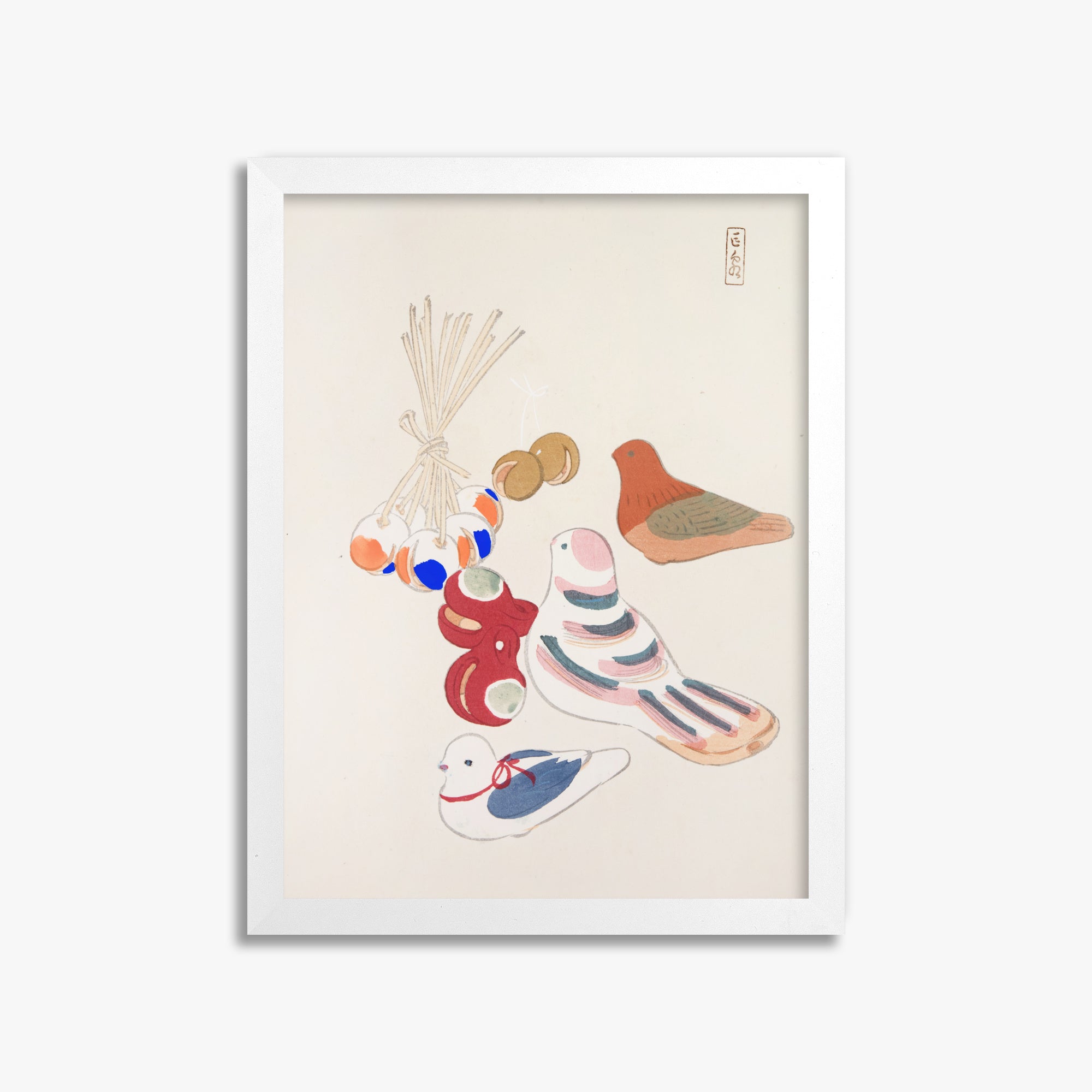 Kawasaki Kyosen: Kyosen’s Collected Illustrations of Japanese Toys Nr. 91 ("Nostalgia Birds: Japanese Toy Collection"), 30x40cm Framed Art Reproduction With White Frame
