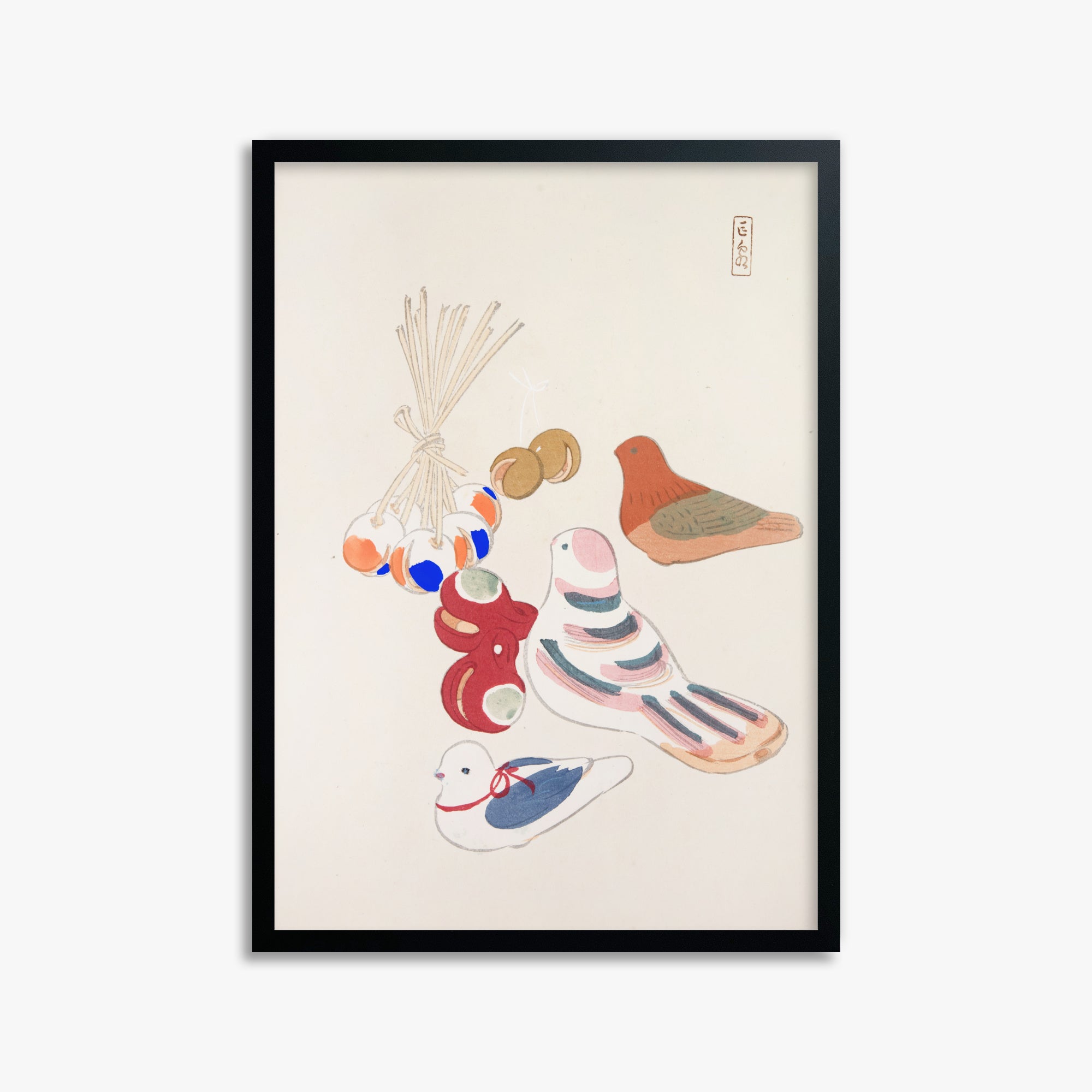 Kawasaki Kyosen: Kyosen’s Collected Illustrations of Japanese Toys Nr. 91 ("Nostalgia Birds: Japanese Toy Collection"), 50x70cm Framed Art Reproduction With Black Frame