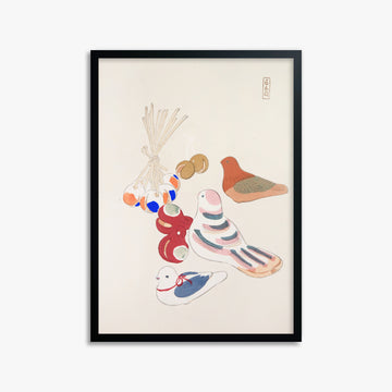Kawasaki Kyosen: Kyosen’s Collected Illustrations of Japanese Toys Nr. 91 ("Nostalgia Birds: Japanese Toy Collection"), 50x70cm Framed Art Reproduction With Black Frame