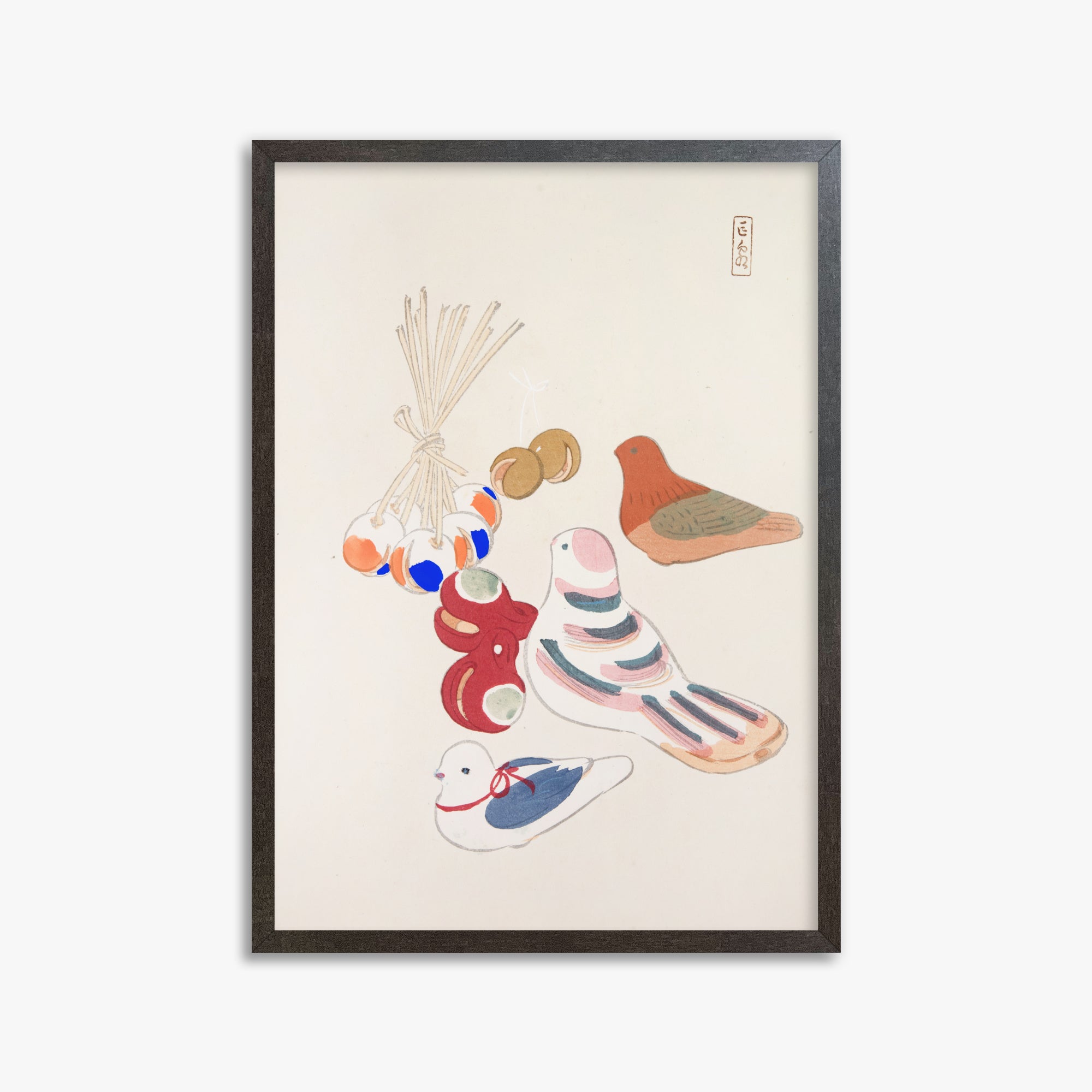 Kawasaki Kyosen: Kyosen’s Collected Illustrations of Japanese Toys Nr. 91 ("Nostalgia Birds: Japanese Toy Collection"), 50x70cm Framed Art Reproduction With Espresso Frame