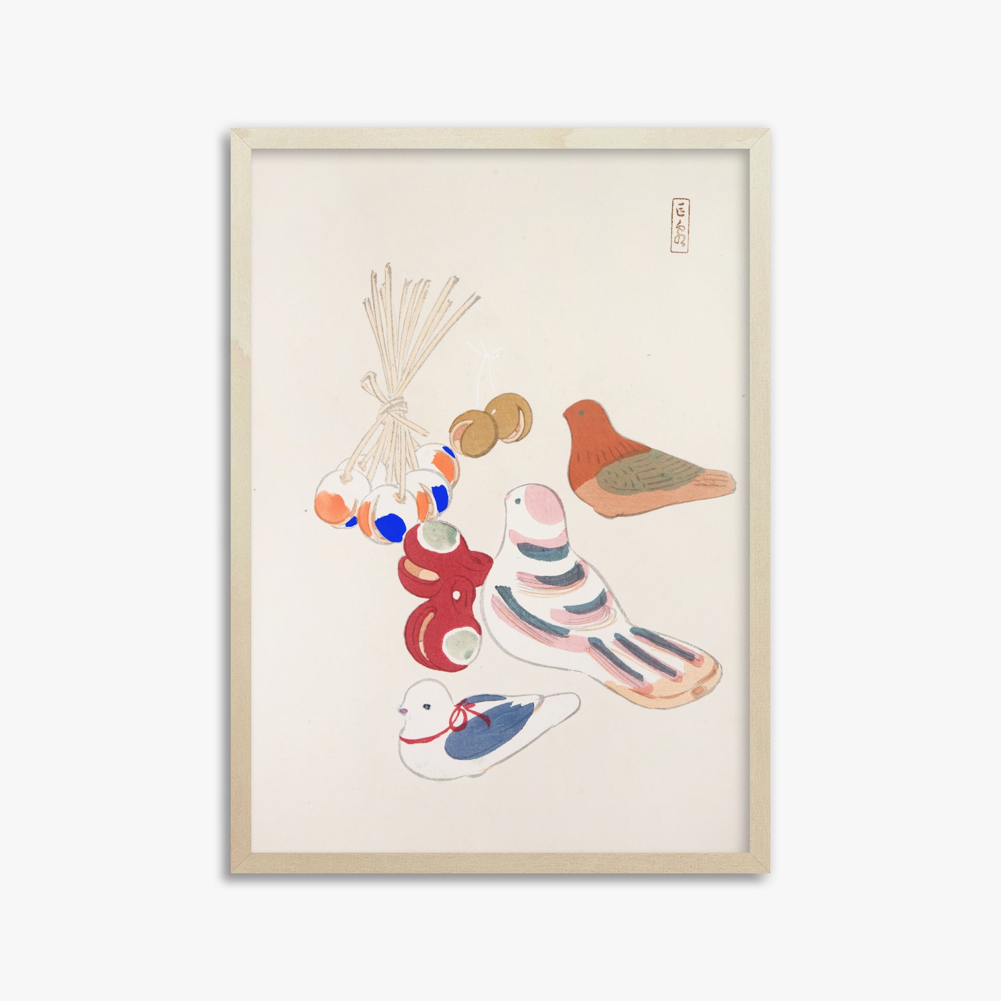 Kawasaki Kyosen: Kyosen’s Collected Illustrations of Japanese Toys Nr. 91 ("Nostalgia Birds: Japanese Toy Collection"), 50x70cm Framed Art Reproduction With Lime Wood Frame