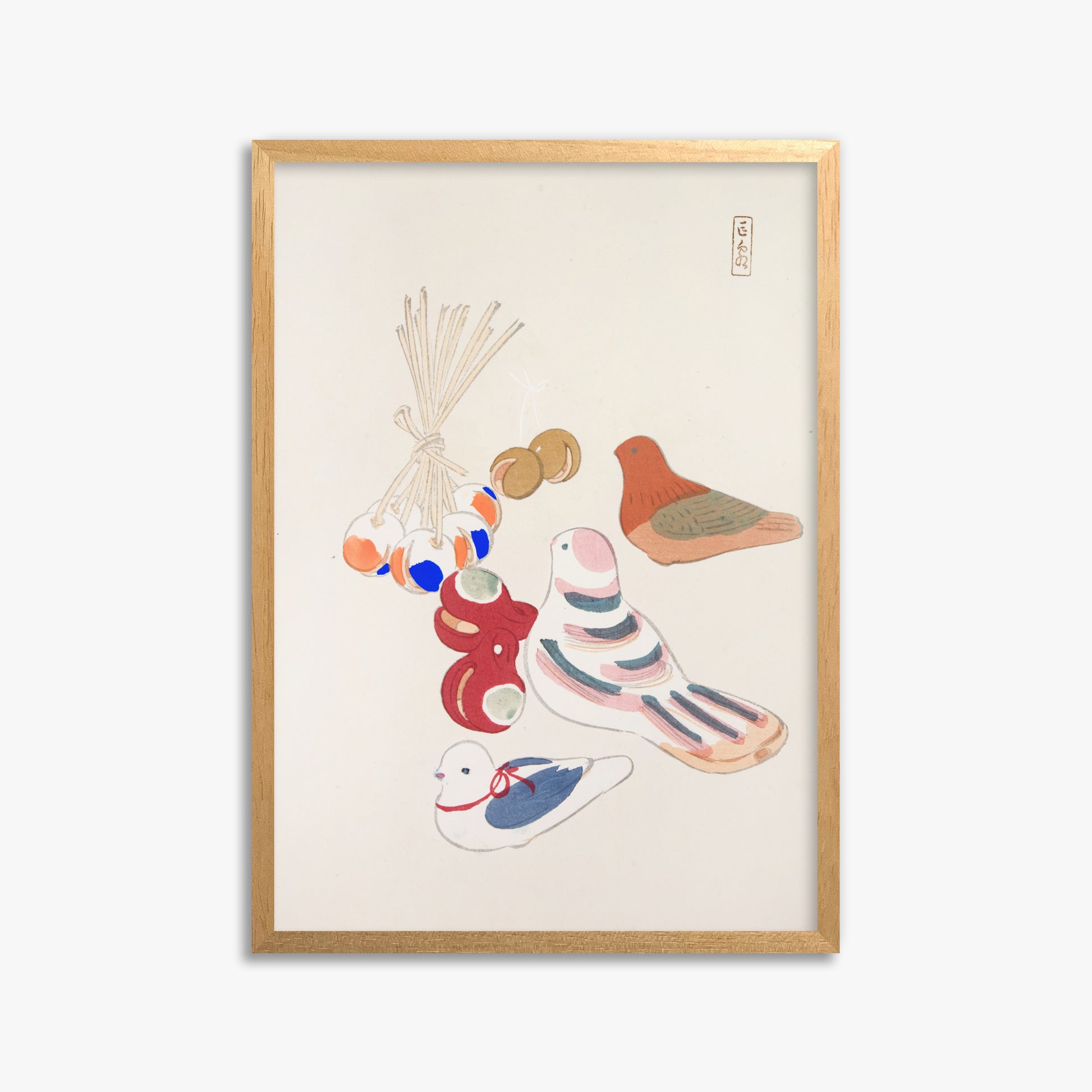 Kawasaki Kyosen: Kyosen’s Collected Illustrations of Japanese Toys Nr. 91 ("Nostalgia Birds: Japanese Toy Collection"), 50x70cm Framed Art Reproduction With Oak Frame
