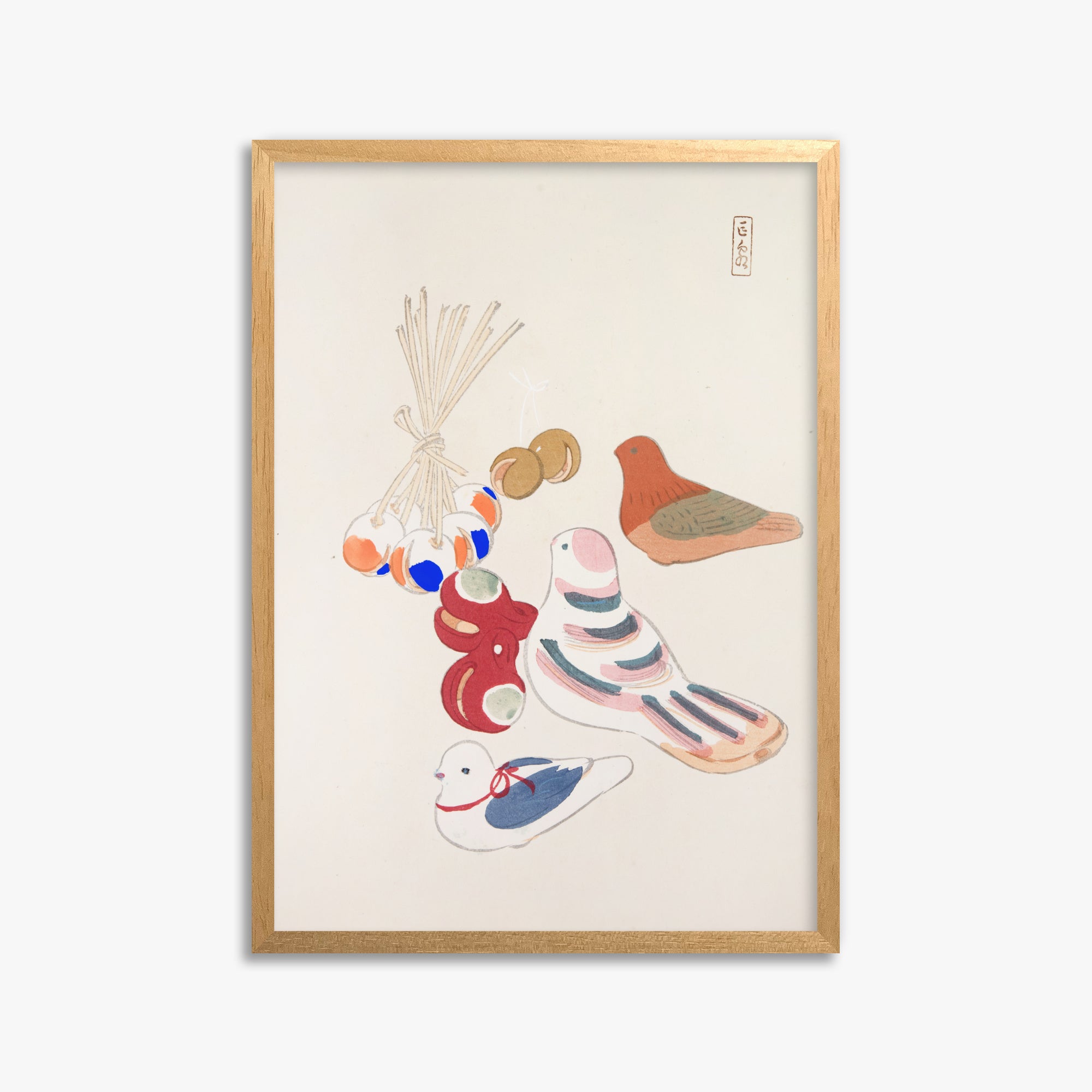 Kawasaki Kyosen: Kyosen’s Collected Illustrations of Japanese Toys Nr. 91 ("Nostalgia Birds: Japanese Toy Collection"), 50x70cm Framed Art Reproduction With Oak Frame