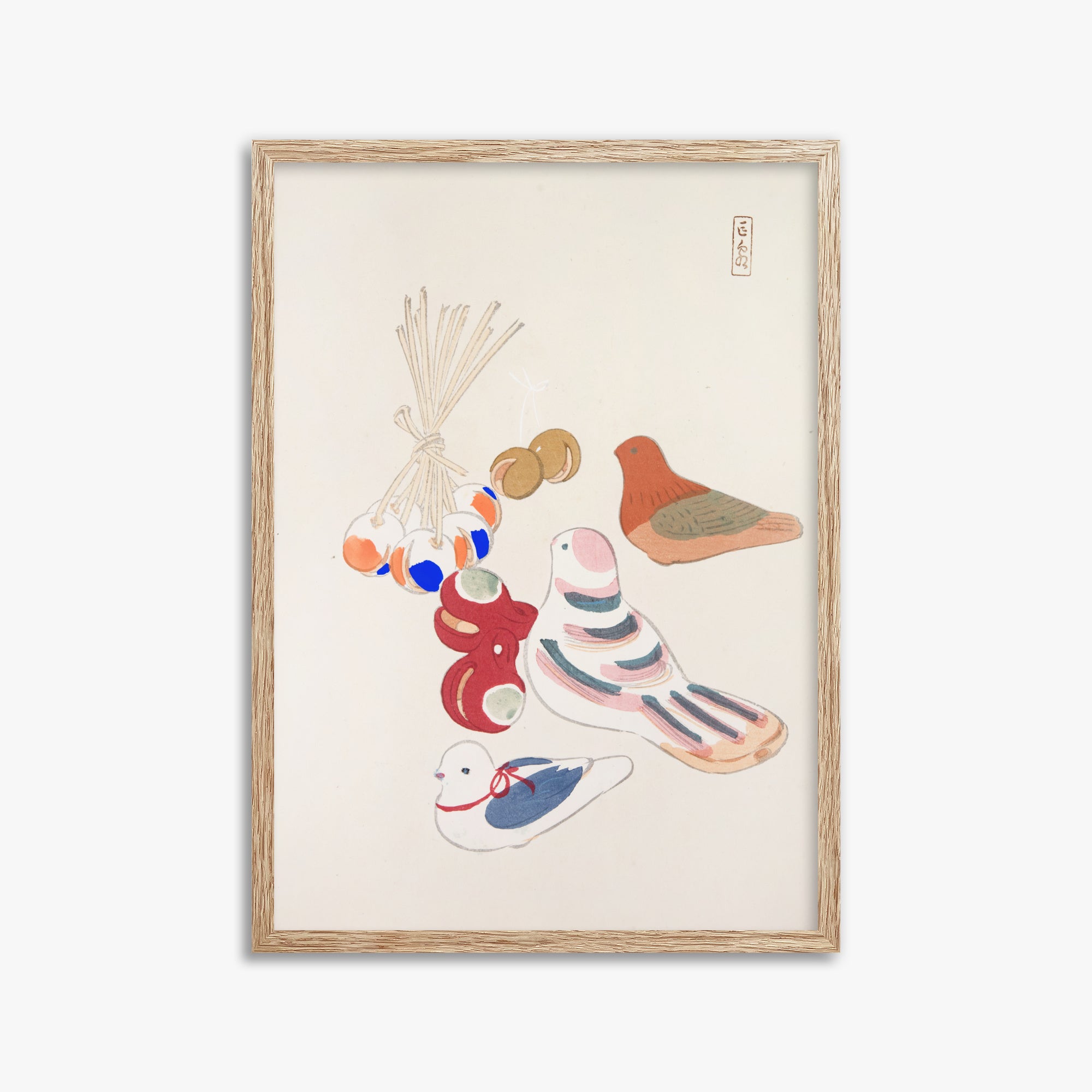 Kawasaki Kyosen: Kyosen’s Collected Illustrations of Japanese Toys Nr. 91 ("Nostalgia Birds: Japanese Toy Collection"), 50x70cm Framed Art Reproduction With Raw Oak Frame