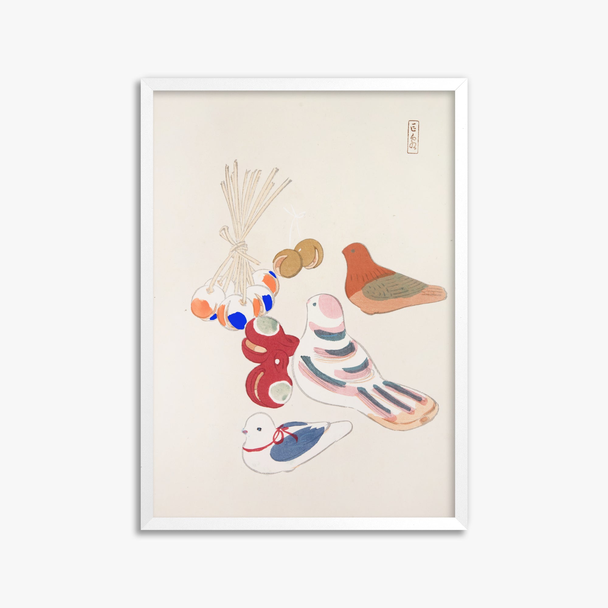 Kawasaki Kyosen: Kyosen’s Collected Illustrations of Japanese Toys Nr. 91 ("Nostalgia Birds: Japanese Toy Collection"), 50x70cm Framed Art Reproduction With White Frame