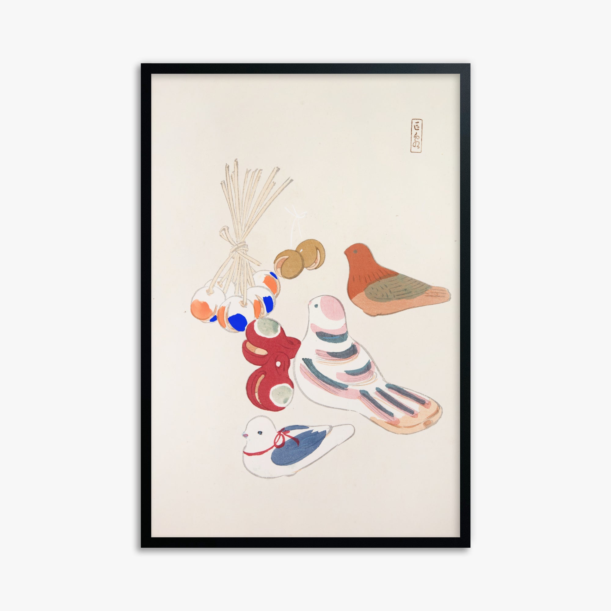 Kawasaki Kyosen: Kyosen’s Collected Illustrations of Japanese Toys Nr. 91 ("Nostalgia Birds: Japanese Toy Collection"), 61x91cm Framed Art Reproduction With Black Frame