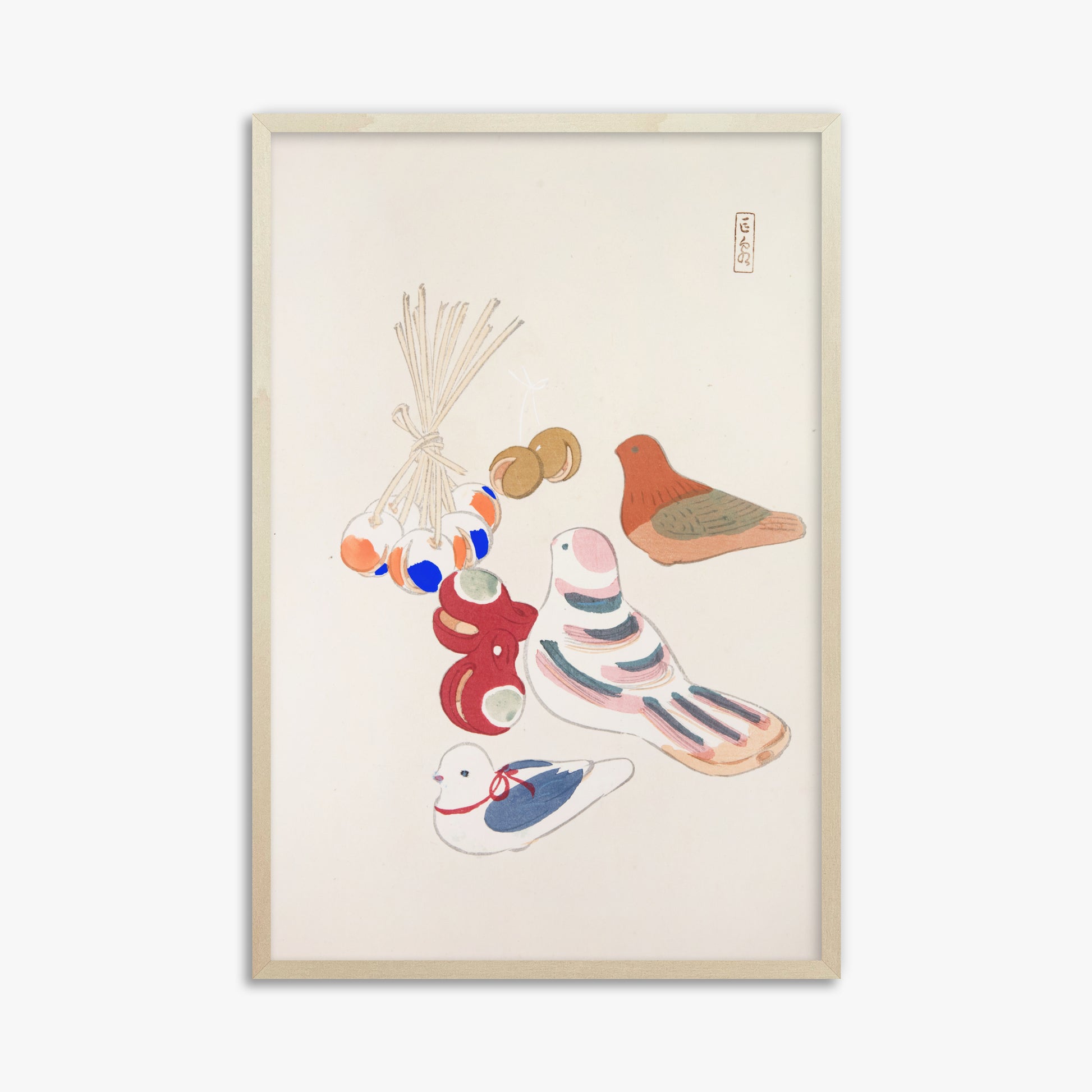 Kawasaki Kyosen: Kyosen’s Collected Illustrations of Japanese Toys Nr. 91 ("Nostalgia Birds: Japanese Toy Collection"), 61x91cm Framed Art Reproduction With Lime Wood Frame