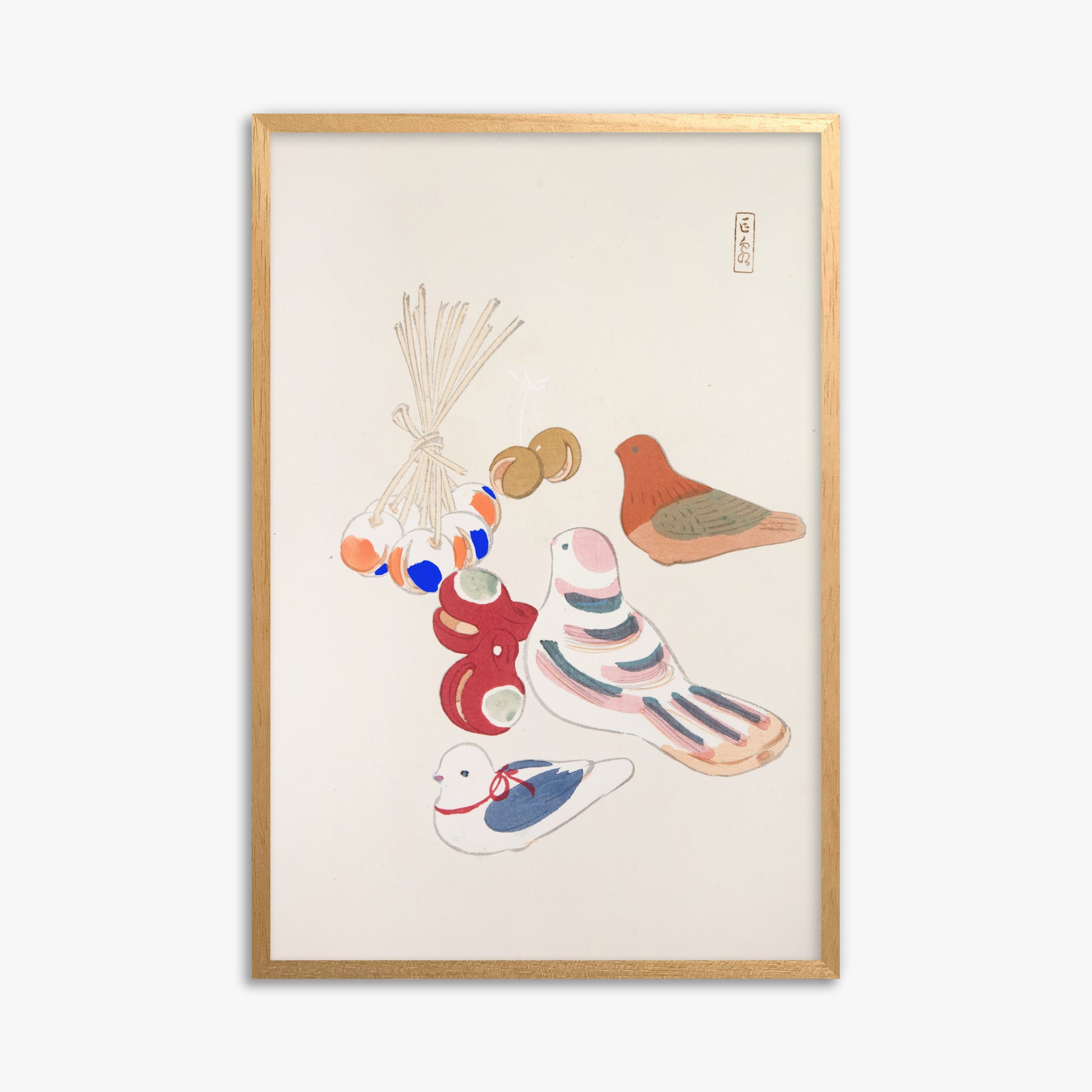 Kawasaki Kyosen: Kyosen’s Collected Illustrations of Japanese Toys Nr. 91 ("Nostalgia Birds: Japanese Toy Collection"), 61x91cm Framed Art Reproduction With Oak Frame