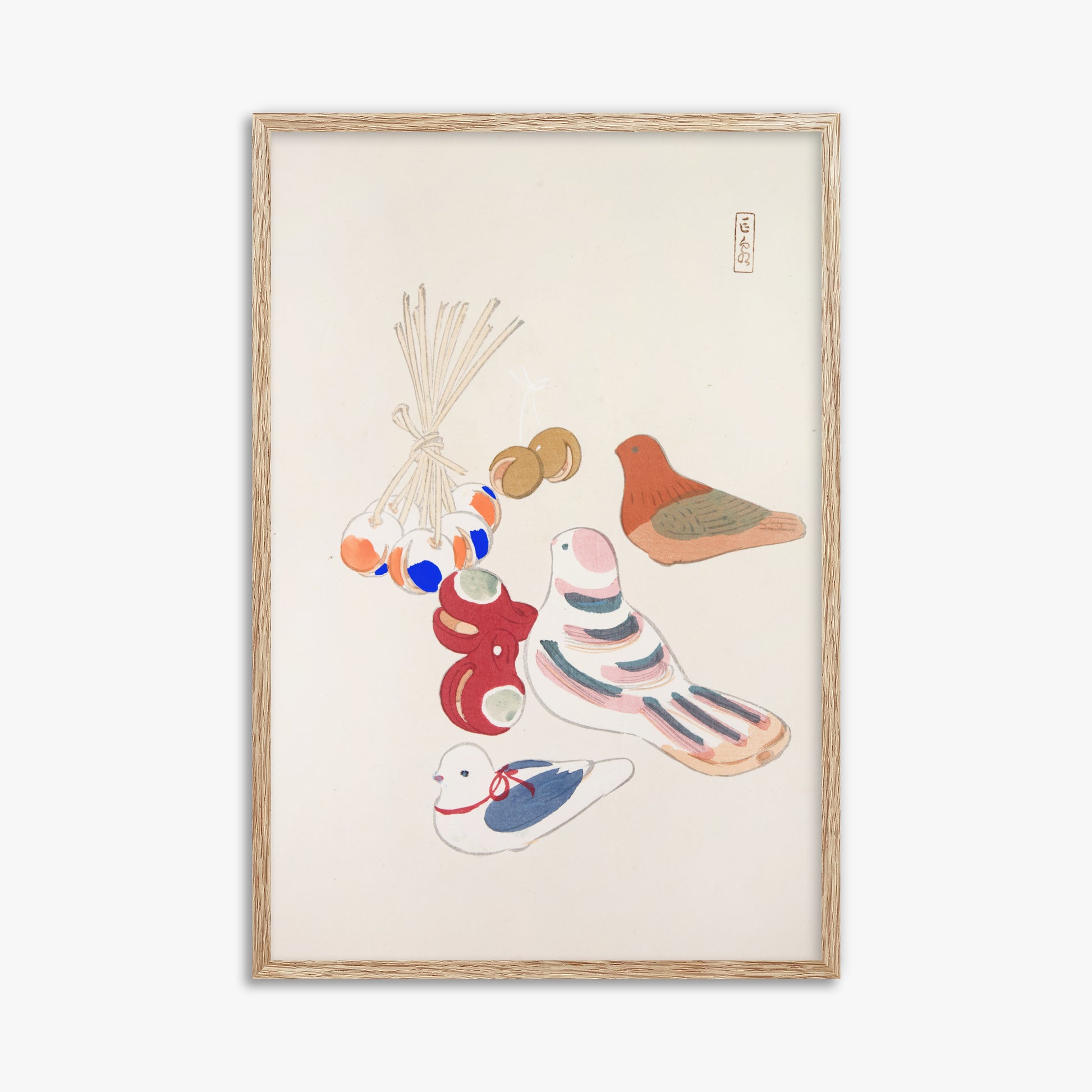 Kawasaki Kyosen: Kyosen’s Collected Illustrations of Japanese Toys Nr. 91 ("Nostalgia Birds: Japanese Toy Collection"), 61x91cm Framed Art Reproduction With Raw Oak Frame
