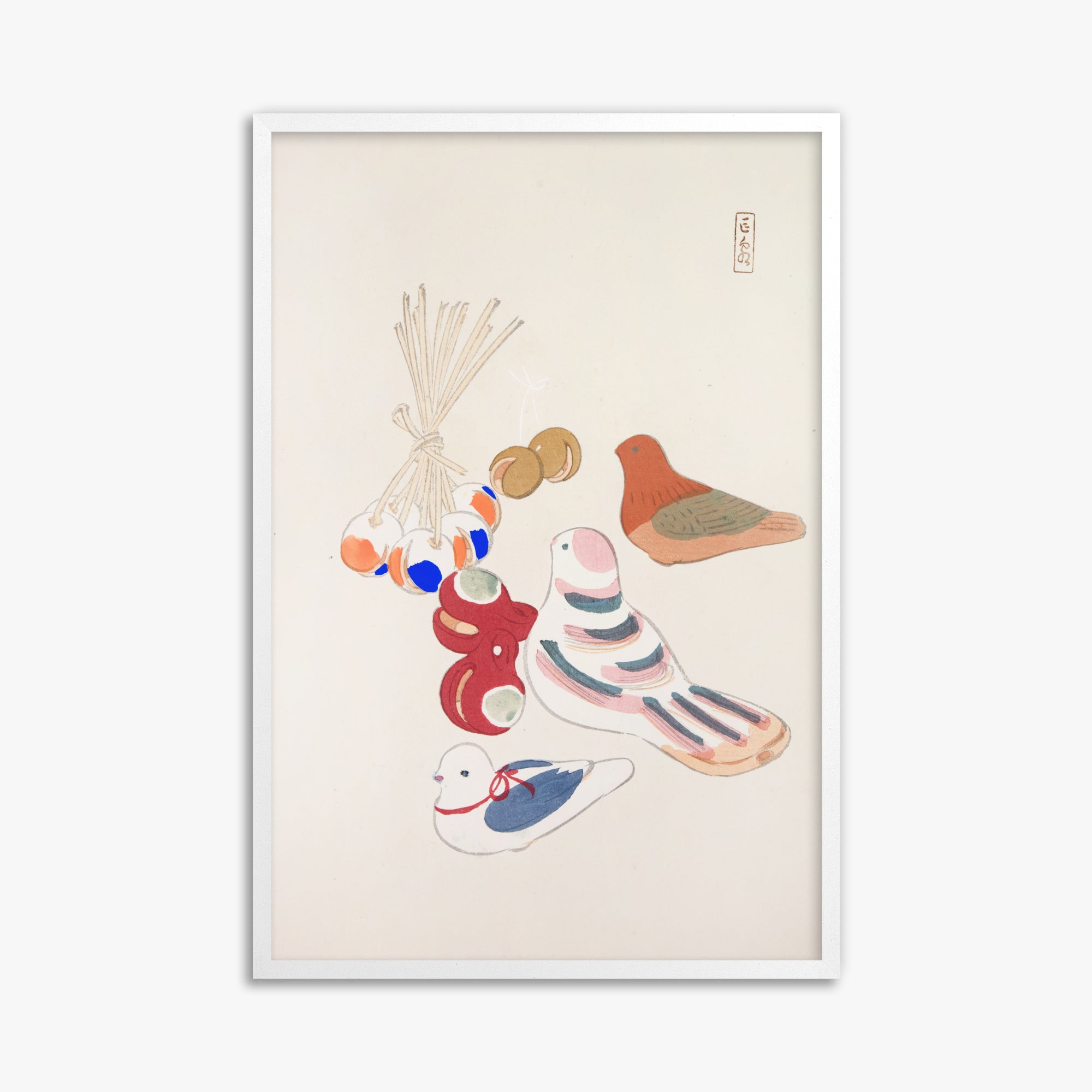 Kawasaki Kyosen: Kyosen’s Collected Illustrations of Japanese Toys Nr. 91 ("Nostalgia Birds: Japanese Toy Collection"), 61x91cm Framed Art Reproduction With White Frame