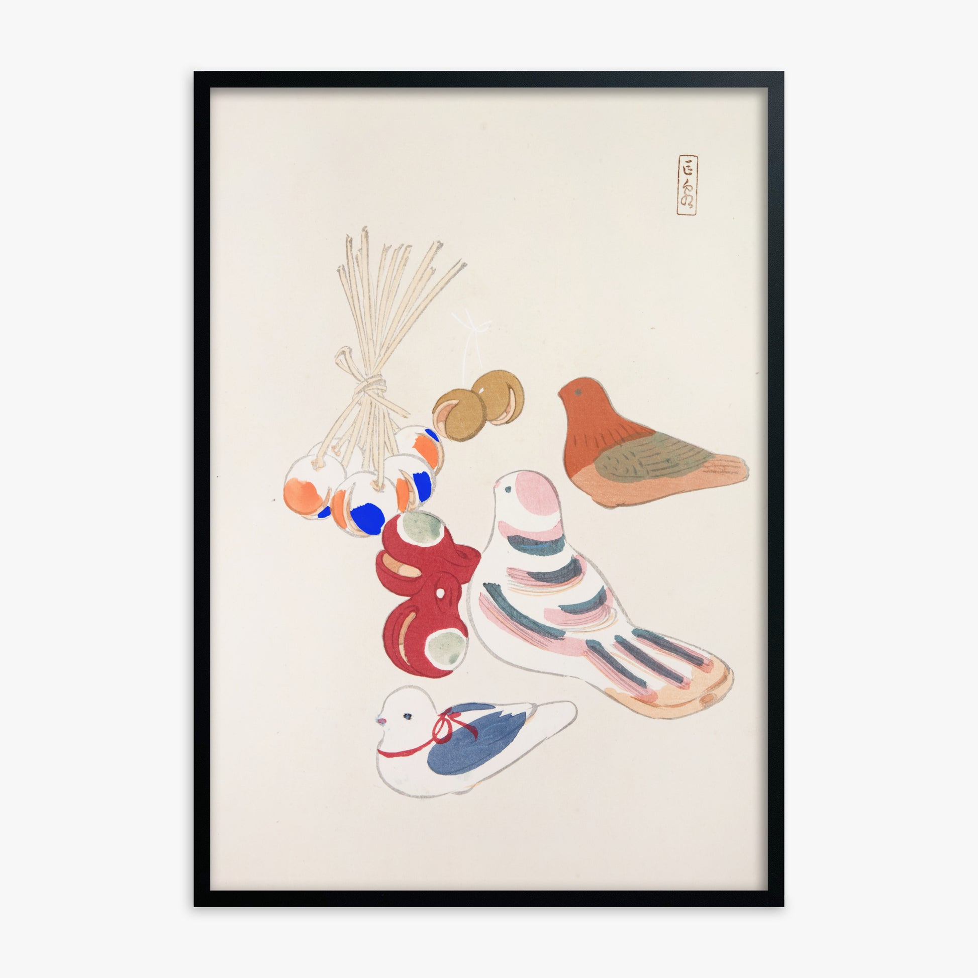 Kawasaki Kyosen: Kyosen’s Collected Illustrations of Japanese Toys Nr. 91 ("Nostalgia Birds: Japanese Toy Collection"), Black Framed Art Reproduction With Black Frame
