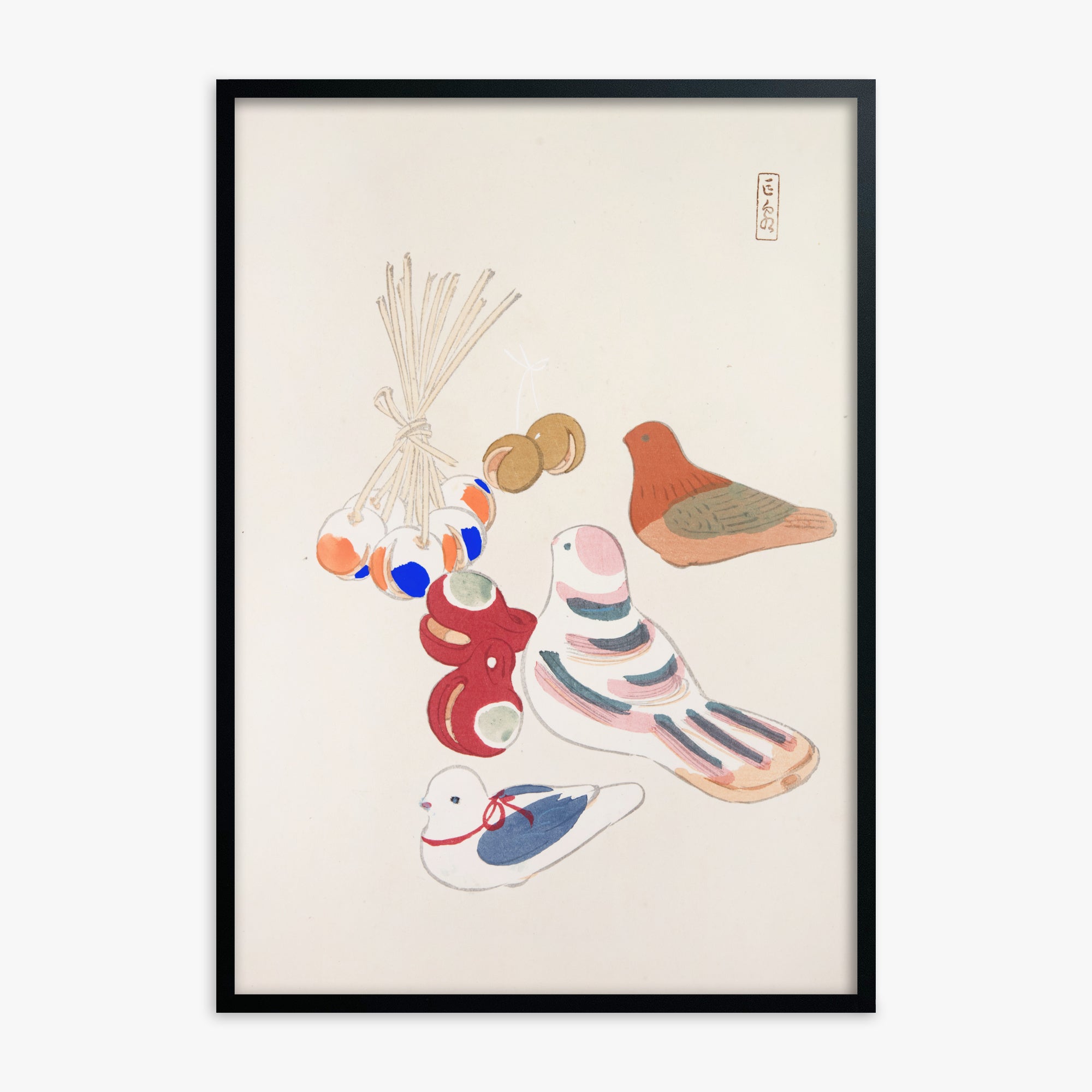 Kawasaki Kyosen: Kyosen’s Collected Illustrations of Japanese Toys Nr. 91 ("Nostalgia Birds: Japanese Toy Collection"), Black Framed Art Reproduction With Black Frame