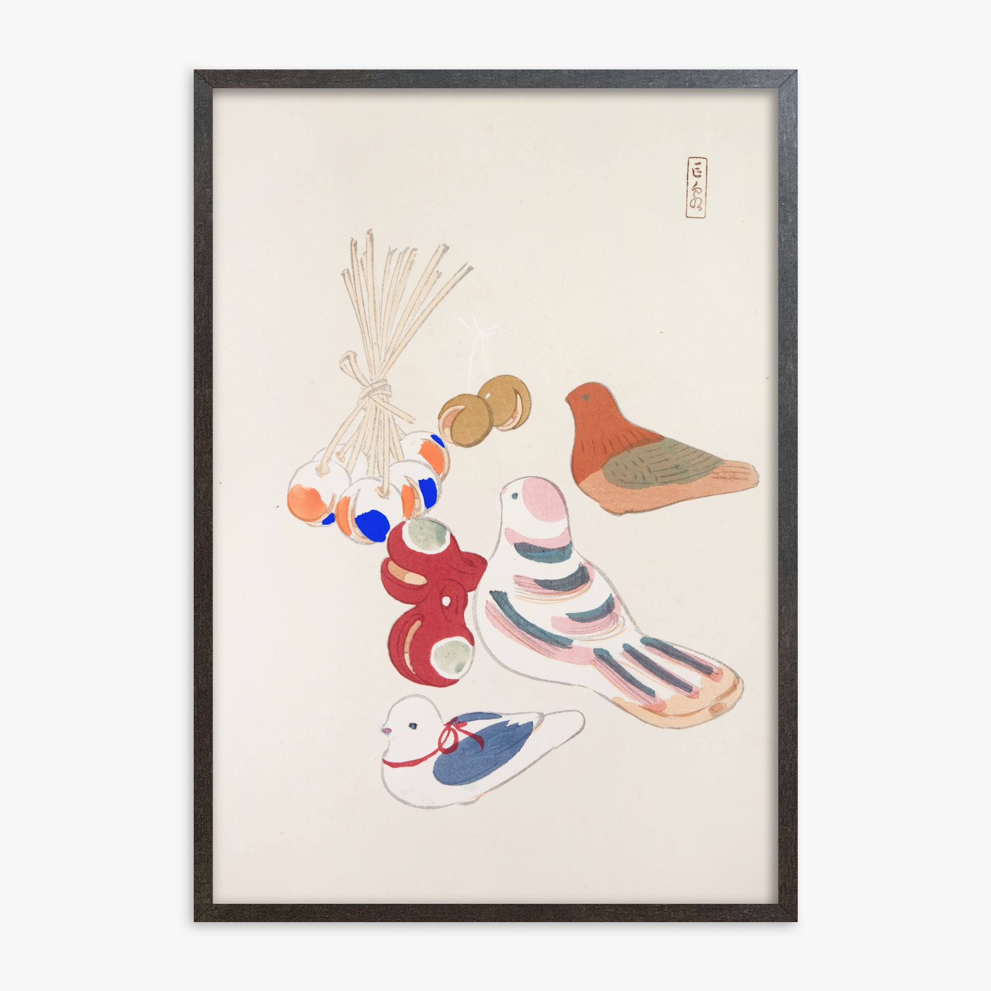 Kawasaki Kyosen: Kyosen’s Collected Illustrations of Japanese Toys Nr. 91 ("Nostalgia Birds: Japanese Toy Collection"), 70x100cm Framed Art Reproduction With Espresso Frame